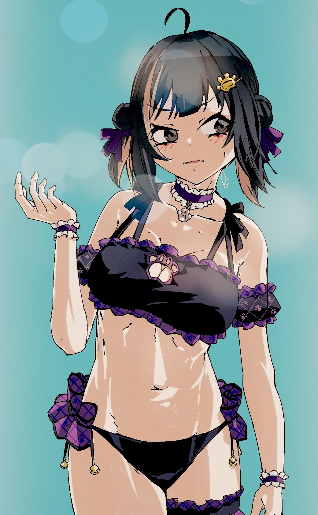 1girls ayadomit azai_eimi bikini black_hair blush boob_window breasts choker d4dj dyed_hair grey_eyes hair_ornament hairclip paw_print ribbons strong_body sweat sweatdrop swimsuit