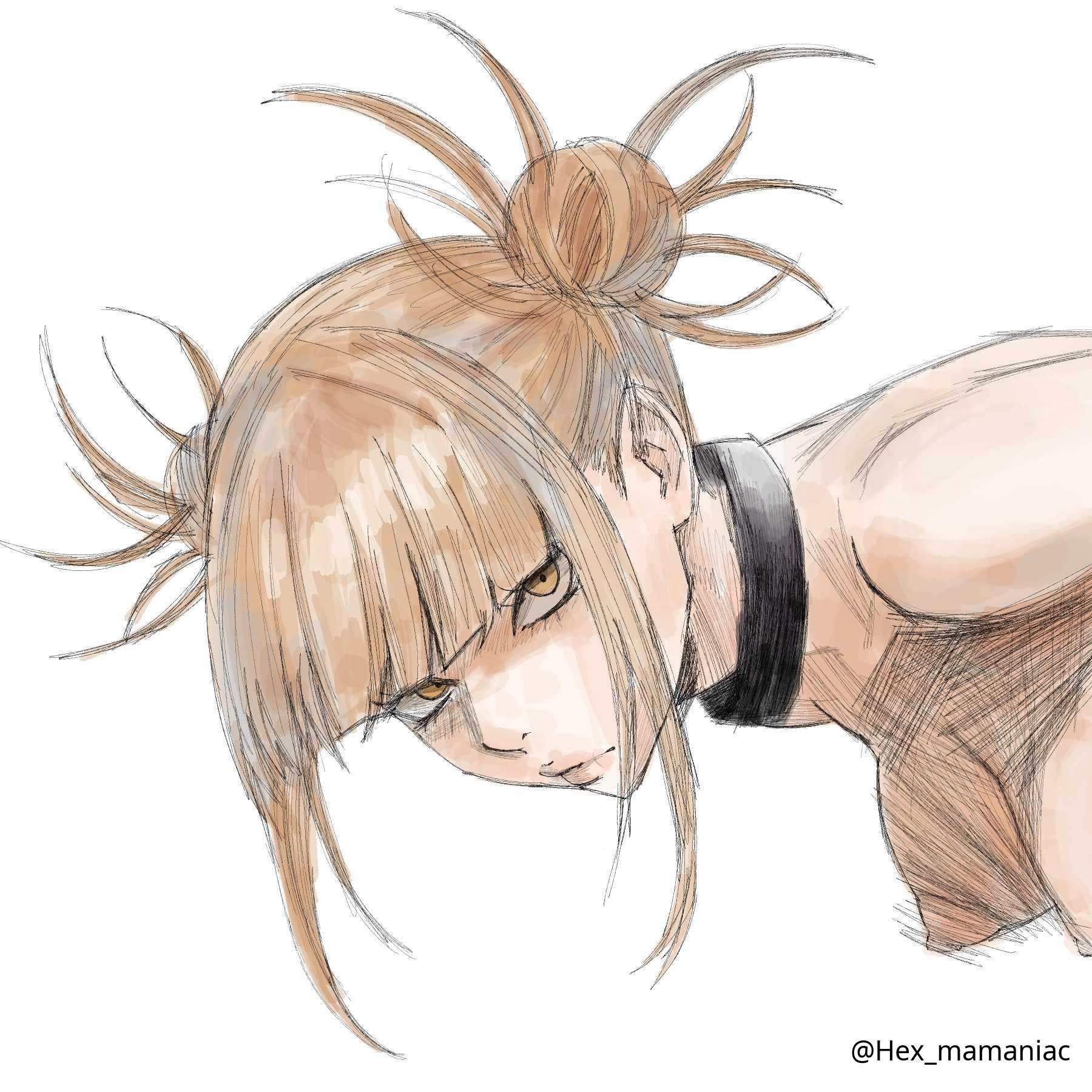 1girls, 2d, 2d (artwork), 2d artwork, areola, areolae, average breasts, bare arms, bare breasts, bare chest, bare nipples, bare shoulders, bare skin, bare tits, black choker, blonde female, blonde hair, blonde hair female, blonde-haired female, blunt bangs, boku no hero academia, breasts, choker, collar, completely naked, completely naked female, completely nude, completely nude female, digital, digital art, digital drawing, digital drawing (artwork), digital media, digital media (artwork), double bun, drawing, exposed arms, exposed breasts, exposed chest, exposed nipples, exposed shoulders, exposed skin, female, female focus, female only, frown, frown eyebrows, frowning, frowning at viewer, fully naked, fully nude, glare, glaring, hair bun, hanging breasts, head tilt, hex mamaniac, high resolution, highres, himiko toga, leaning, leaning forward, looking at viewer, medium breasts, my hero academia, naked, naked female, naked woman, neutral expression, nipples, nude, nude female, nudity, pink areola, pink areolae, pink nipples, serious look, shoulders, simple background, sketch, solo, tilted head, toga himiko, topless, topless female, twin buns, uncensored, uncensored breasts, uncensored nipples, upper body, white background, yellow eyes, yellow hair, yellow-eyed female, yellow-haired female