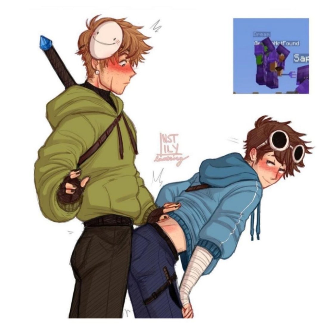 2boys ass blue_clothing blush brown_hair dream_smp dreamsmp dreamwastaken dsmp duo fully_clothed gay georgenotfound glasses green_clothing green_hoodie hoodie human human_only leaning leaning_forward looking_back lustlilylusting male male/male male_only mask mcyt minecraft minecraft_youtubers pants simple_background smile topwear twitch.tv white_background yaoi youtube youtubers