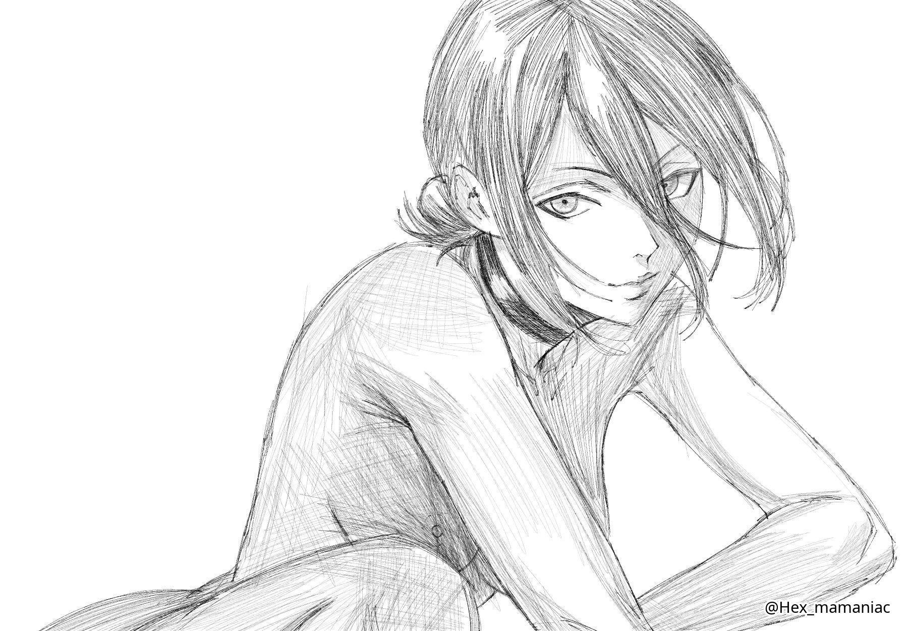 1girls, 2d, 2d (artwork), 2d artwork, areolae, black choker, black hair, black-haired female, breasts, chainsaw man, choker, completely naked, completely naked female, completely nude, completely nude female, digital, digital art, digital drawing, digital drawing (artwork), digital media, digital media (artwork), drawing, elbows, female, female focus, female only, fully naked, fully nude, hair between eyes, hex mamaniac, high resolution, highres, looking at viewer, medium breasts, naked, naked female, naked woman, nipples, nude, nude female, nudity, pencil (artwork), reze (chainsaw man), shoulders, simple background, sitting, sketch, solo, topless, topless female, uncensored, uncensored breasts, uncensored nipples, upper body, white background