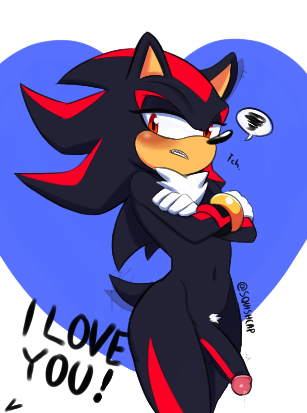 annoyed anthro big_penis black_body black_hair black_nose blush ear_twitch eyelashes femboy feminine_male furry furry_male gloves hedgehog hourglass_figure narrow_waist nude penis quills red_eyes red_highlights shadow_the_hedgehog sonic_(series) squishcap_(artist) tail tailwag thick_thighs twitter_username wide_hips