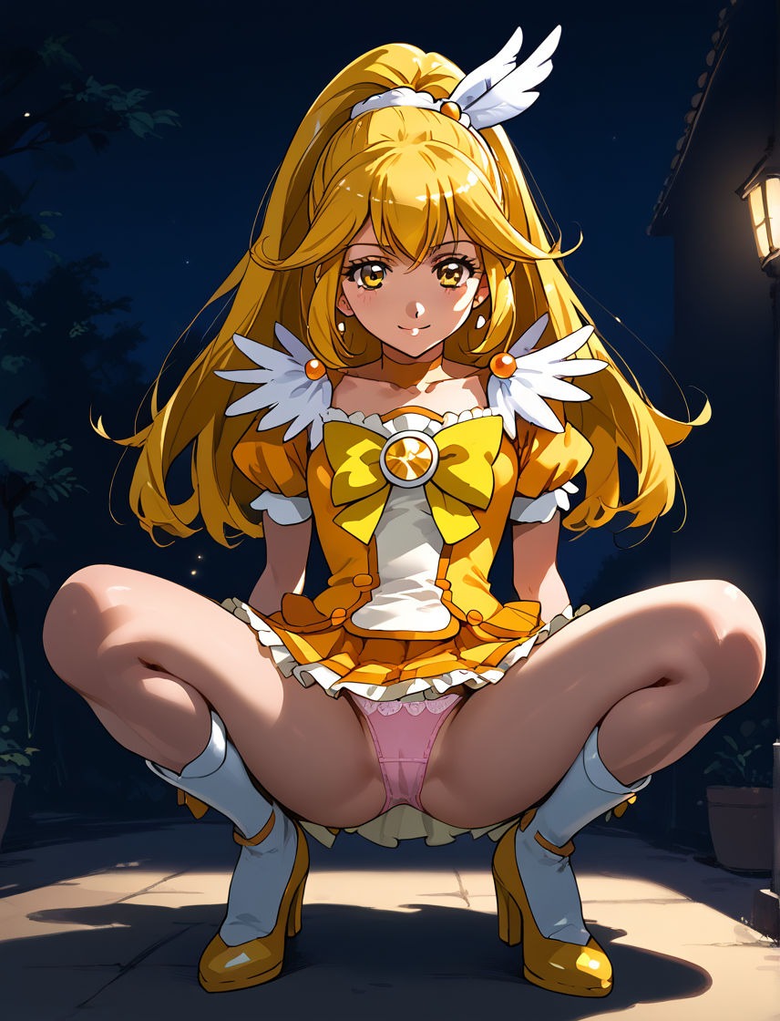 ai_generated blonde_hair cure_peace dress exhibitionism flashing flashing_panties heels looking_at_viewer night_sky panties precure pretty_cure smile_precure smiling spread_legs yayoi_kise yellow_hair