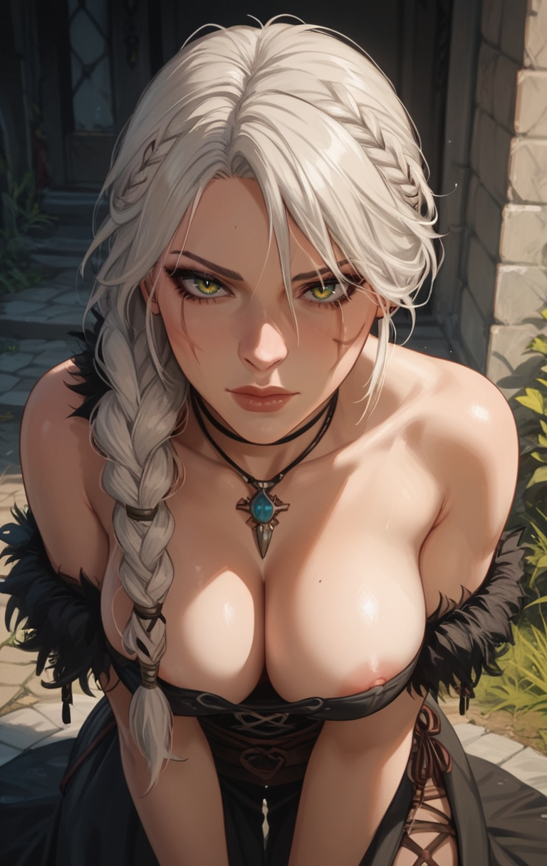 ai_generated black_dress braid breasts cd_projekt_red ciri eepol female light-skinned_female looking_at_viewer mascara nipples scar solo the_witcher_(series) the_witcher_4 white_hair