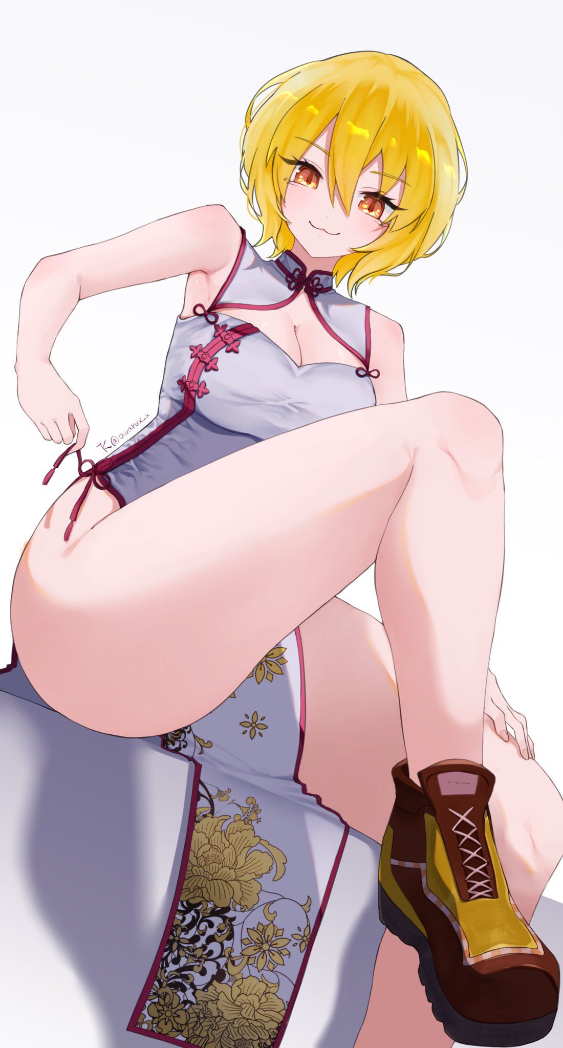 1girl 1girls :3 don_quixote_(limbus_company) female female_focus female_only limbus_company project_moon qipao qipao_dress shoes_on showing_off smug smug_face tease teasing_viewer