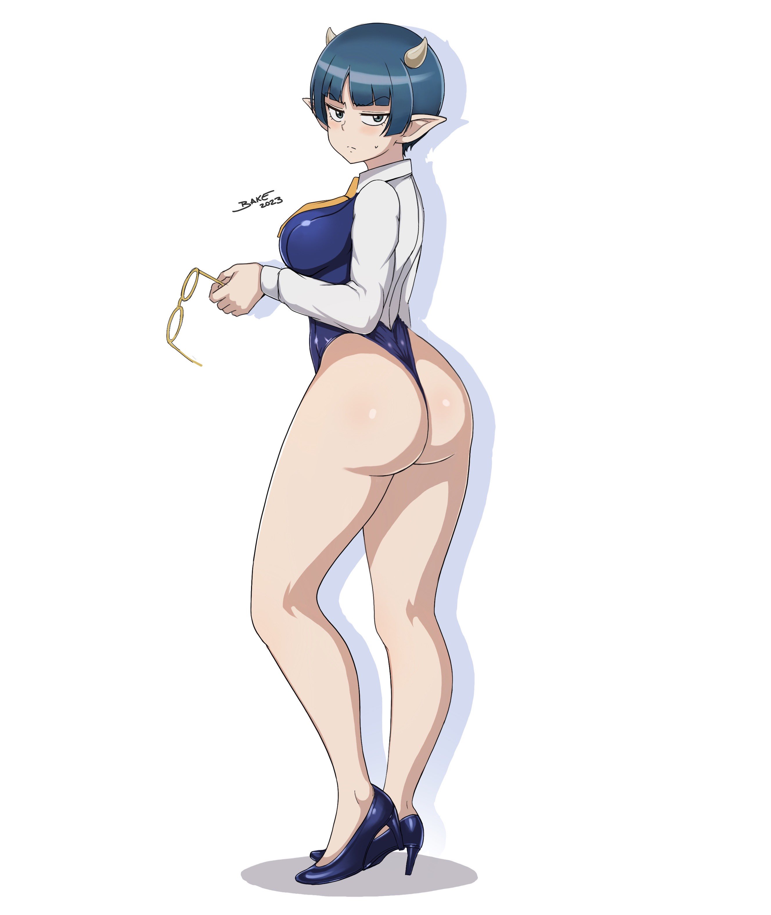 1girls, absurdres, ass, blue hair, breasts, demon, demon girl, demon horns, feet, female, glasses, green eyes, high heels, highres, horns, huge ass, large breasts, legs, looking at viewer, lv1 maou to one room yuusha, necktie, one-piece swimsuit, short hair, sideboob, solo, swimsuit, thick thighs, thighs, wedgie, zenia (lv1 maou to one room yuusha)