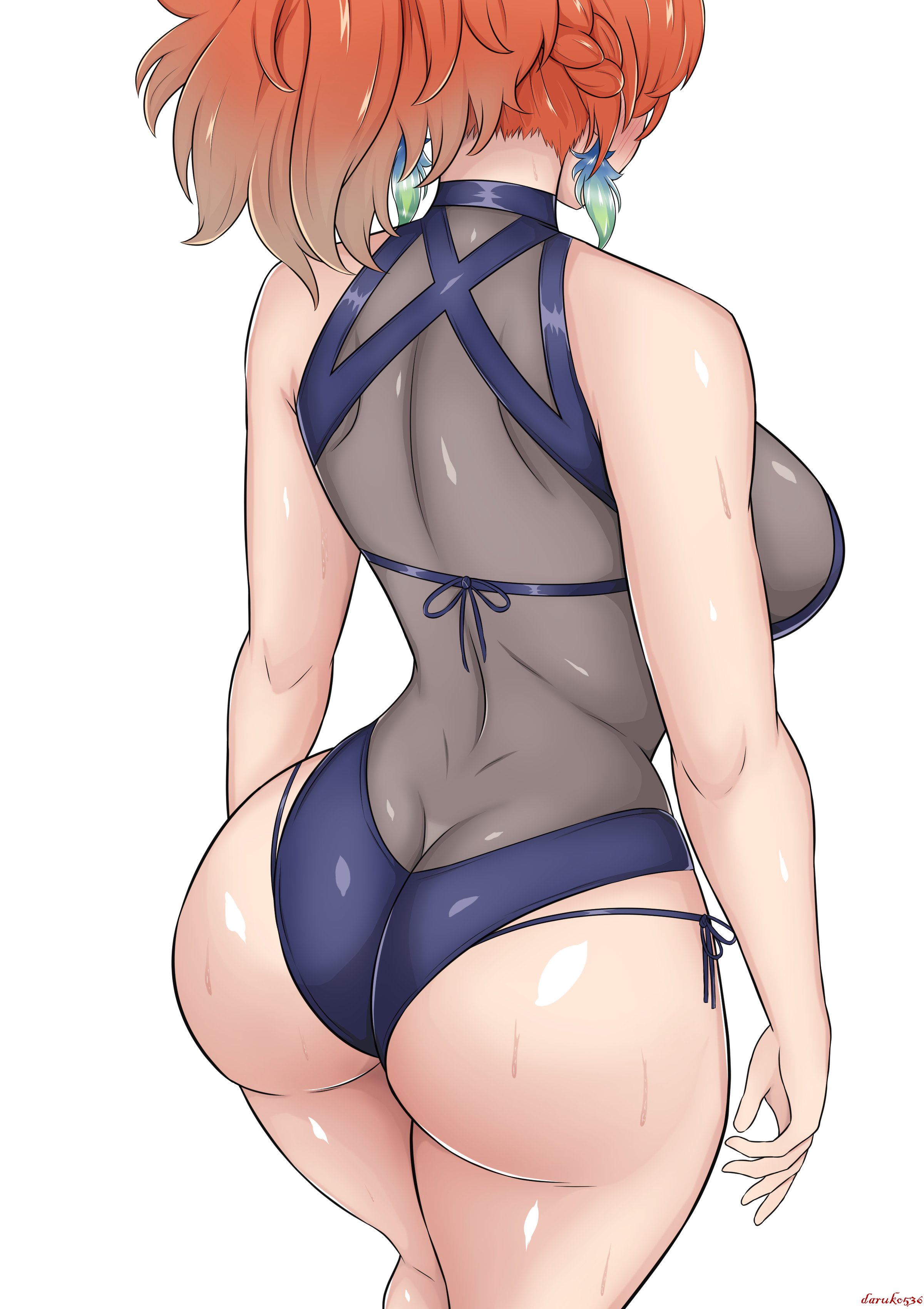 1girls, about to burst, alternate costume, alternate hairstyle, artist name, artist signature, ass, ass focus, ass too big, bare shoulders, barely contained, barely contained ass, barely fits, big ass, blue leotard, blue one-piece swimsuit, blue swimsuit, braid, breasts, bursting butt, crown braid, daruko536, earrings, female, from behind, hi res, hololive, hololive english, hololive myth, huge ass, imminent wardrobe malfunction, large breasts, leotard, light skin, light-skinned female, official alternate costume, official alternate hairstyle, orange hair, pale skin, pale-skinned female, perfume (takanashi kiara), ponytail, red hair, see-through clothing, see-through leotard, see-through swimsuit, side-tie swimsuit, sideboob, solo, solo female, solo focus, standing, sweat, sweating, sweaty body, swimsuit, swimwear, takanashi kiara, tight fit, too tight, undersized clothes, undersized clothing, virtual youtuber, white background, wide hips