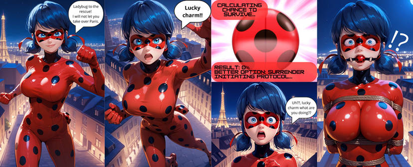 ai_generated ball_gag blue_eyes blue_hair bodysuit bondage breasts captured captured_heroine gag gagged heroine ladybug_(character) latex marinette_dupain-cheng miraculous_ladybug skinsuit tight_clothing tight_fit