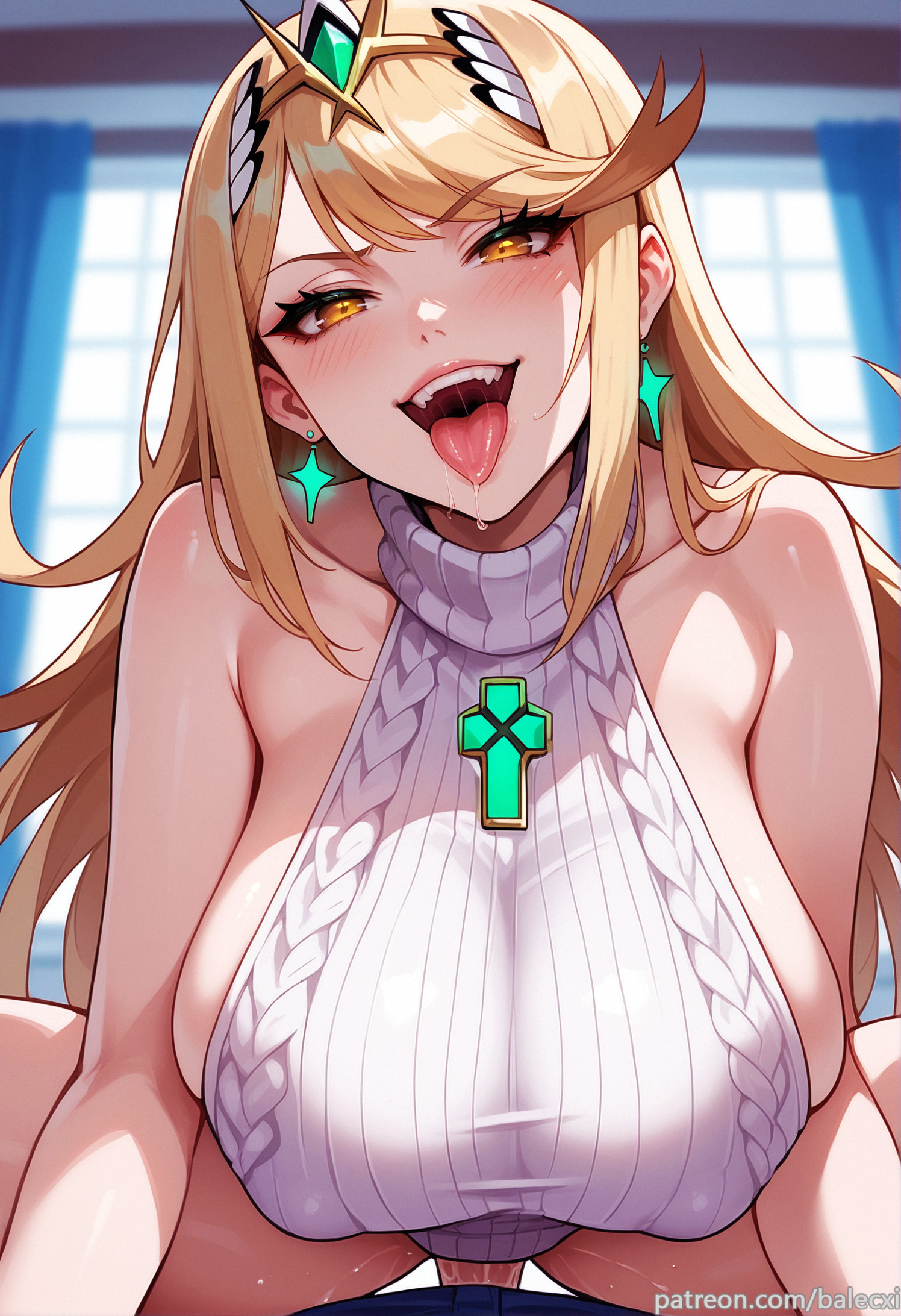 ai generated, balecxi, blonde hair, breasts, cowgirl position, female, large breasts, leaning forward, long hair, mythra, mythra (xenoblade), pov, sweater, virgin killer sweater, xenoblade (series), xenoblade chronicles 2
