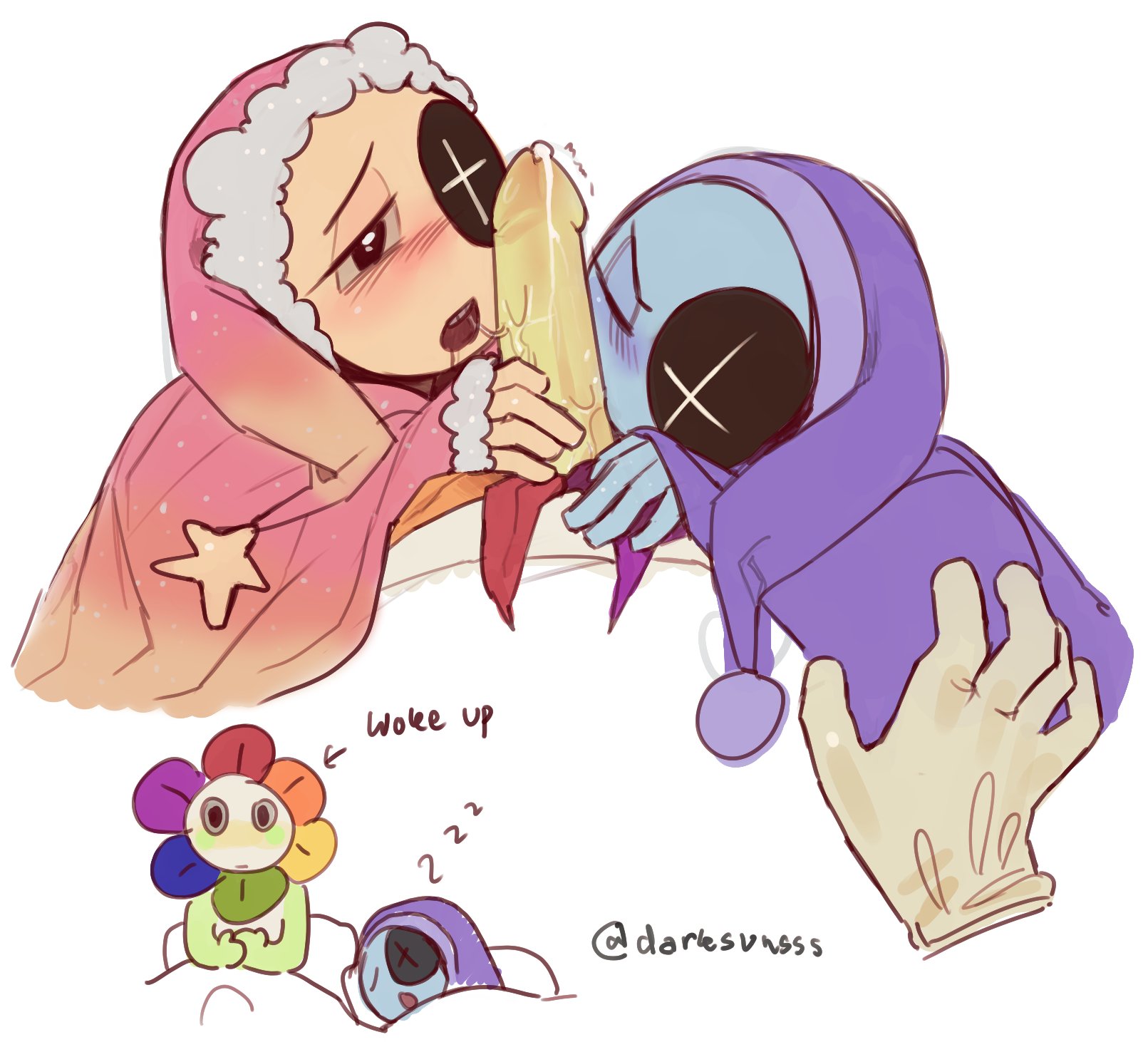 3boys, after sex, asleep, astro (dandy's world), blowjob, blush, collaborative fellatio, dandy (dandy's world), dandy's world, darksunsss, double blowjob, double fellatio, erection under blanket, fellatio, flower petals, impiled somnophilia, in bed, male, moonflower (dandy's world), saliva trail, simple background, starry night astro, teamwork