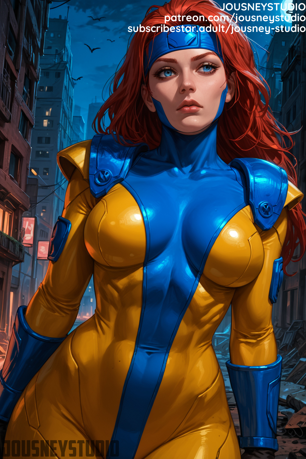 ai-created ai_generated armor artist_name bird blue_eyes bodysuit breasts building city clothing covered_navel cowboy_shot english_text female female female_only gloves headband headwear jean_grey jousneystudio large_breasts lips long_hair looking_at_viewer marvel marvel_comics outdoors red_hair skin_tight sky solo standing superhero thighs toned