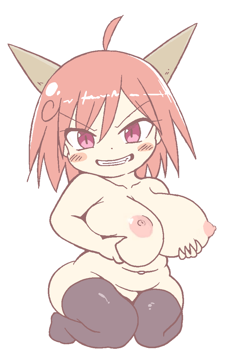 1girls ahoge areoale artist_request black_thighhighs blush_stickers breasts chibi chibi_style chubby erotic_chibi gyate_gyate horns ibaraki_douji_(touhou) ibaraki_kasen large_breasts long_hair meme navel nipples nude pink_eyes pink_hair plump short_hair sitting solo stockings teeth thick_thighs thighhighs touhou wariza