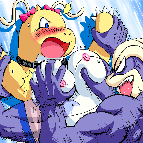 blue_eyes blush breast_fondling breasts collar cum dragonite female fondling g-sun machamp male muscles nintendo nipples pokemon pokemon_(species) pokemon_only purple rape sex straight sweat yellow