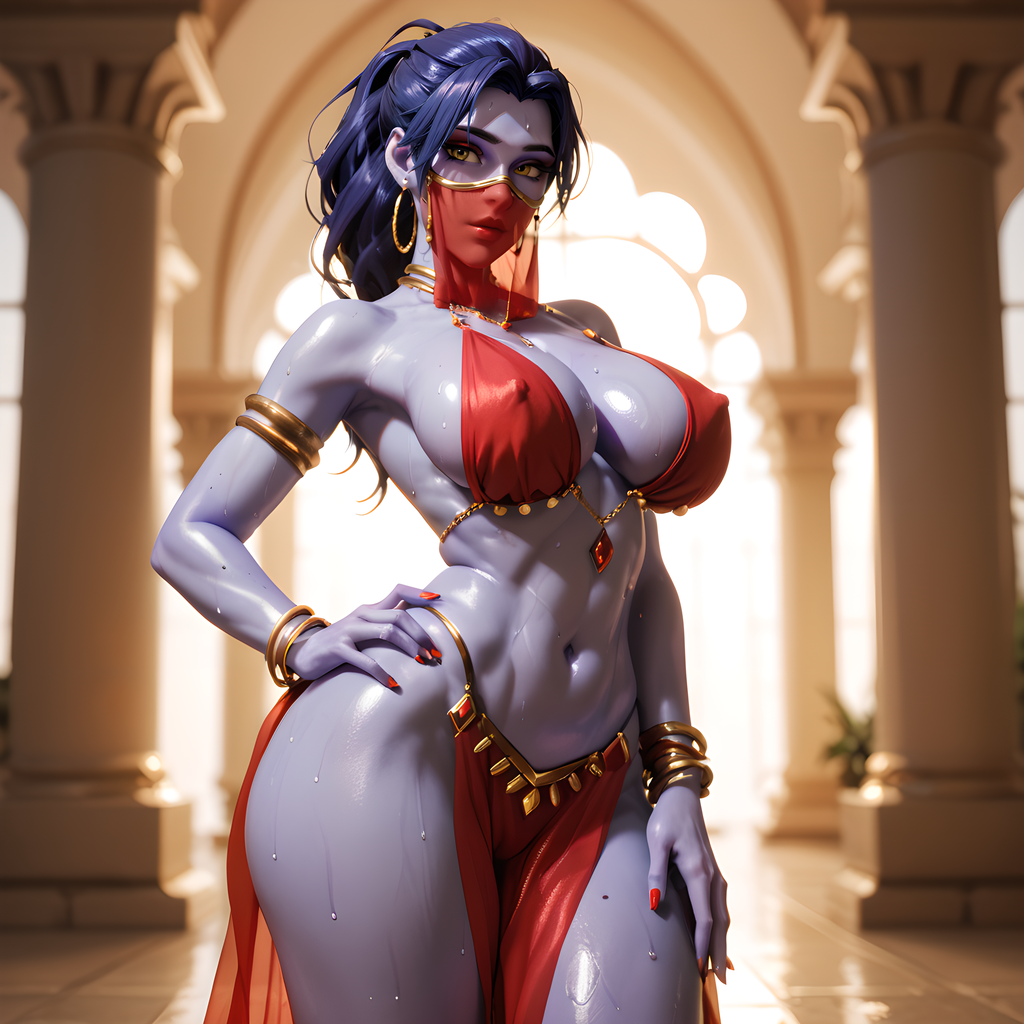 1girls ai_generated big_breasts blizzard_entertainment dancer_outfit dark_hair eogard_orc exotic_dancer face_veil gold_jewelry loincloth nail_polish oiled oiled_skin overwatch overwatch_2 purple_skin red_nails self_upload shiny_skin stable_diffusion standing veil widowmaker