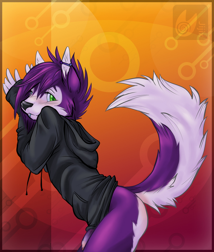 anthro blush bottomless canine cute emo fur furry green_eyes hair hoodie husky jijix leaning looking_at_viewer male male_only penis piercing poking_out presenting purple purple_hair raised_tail ransom short_hair solo sweet tail uncut wall