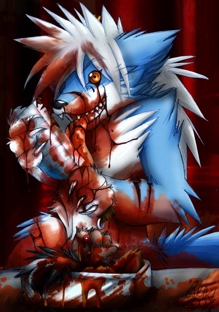 blood blood_stain blue_fur claws color fur furry gore guro hair incision injury inuki knife licking long_hair male nightmare_fuel open_wound orange_eyes self_harm tail tongue white_fur white_hair wound