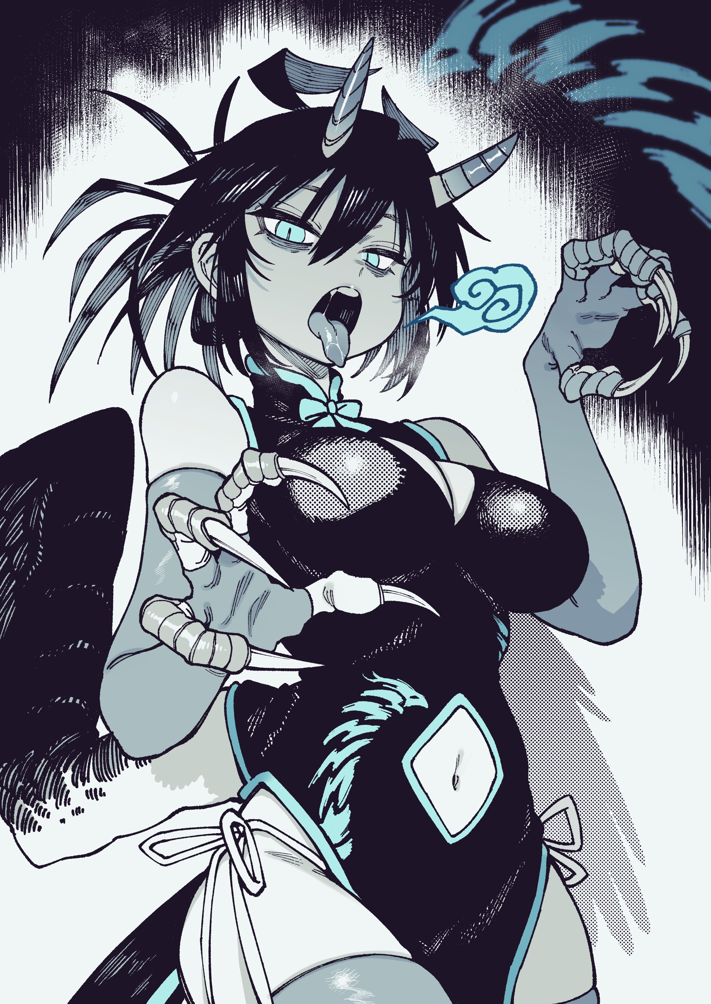 bags under eyes, bird girl, blue eyes, crow-chan (karasu raven), cute fang, female, horns, karasu raven, looking at viewer, monochrome, navel, skindentation, solo female, talons, thighhighs, tongue, tongue out, wings