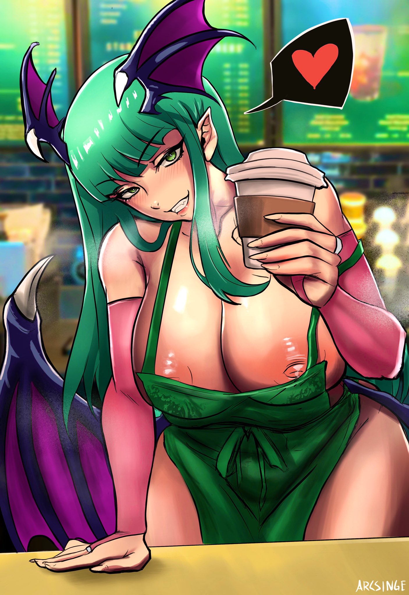 1girls arcsinge big_breasts breasts darkstalkers female female_only green_eyes green_hair head_wings huge_breasts iced_latte_with_breast_milk large_breasts long_hair meme morrigan_aensland wings