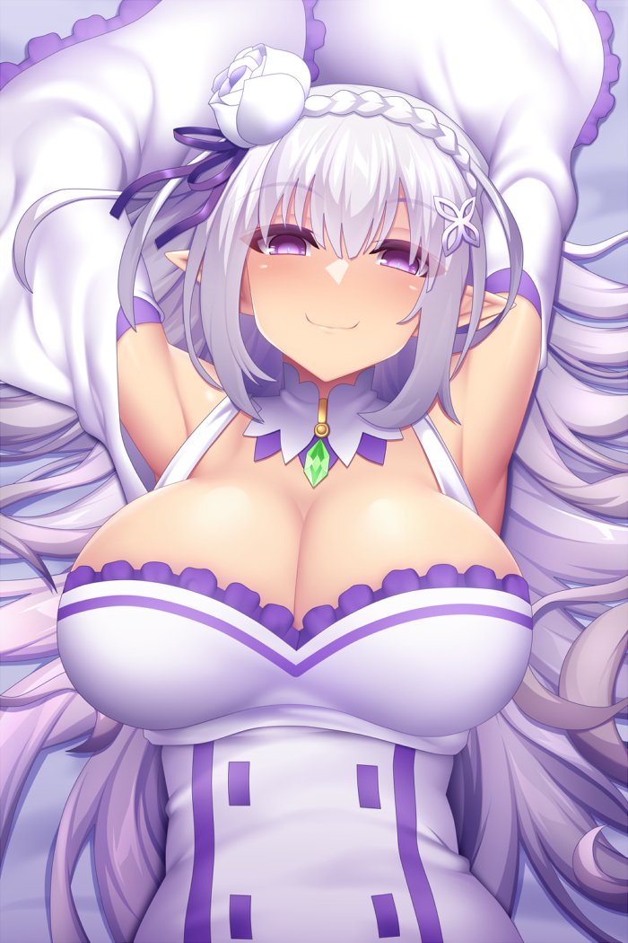 1girls armpits breasts cleavage elf elf_ears elf_female elf_girl emilia_(re:zero) fi-san large_breasts looking_at_viewer lying_on_back on_bed purple_eyes re:zero_kara_hajimeru_isekai_seikatsu silver_hair smile solo