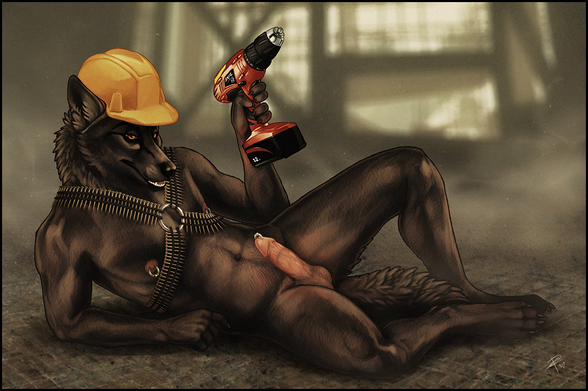 1boy balls canine circumcised color cordless_drill drill erection fangs fur furry glans hard_hat helmet male male_only nipple_piercing nipple_ring nipples nude penis penis_piercing piercing pinup power_tool prince_albert_piercing raised_leg solo star_(artist) tool wolf