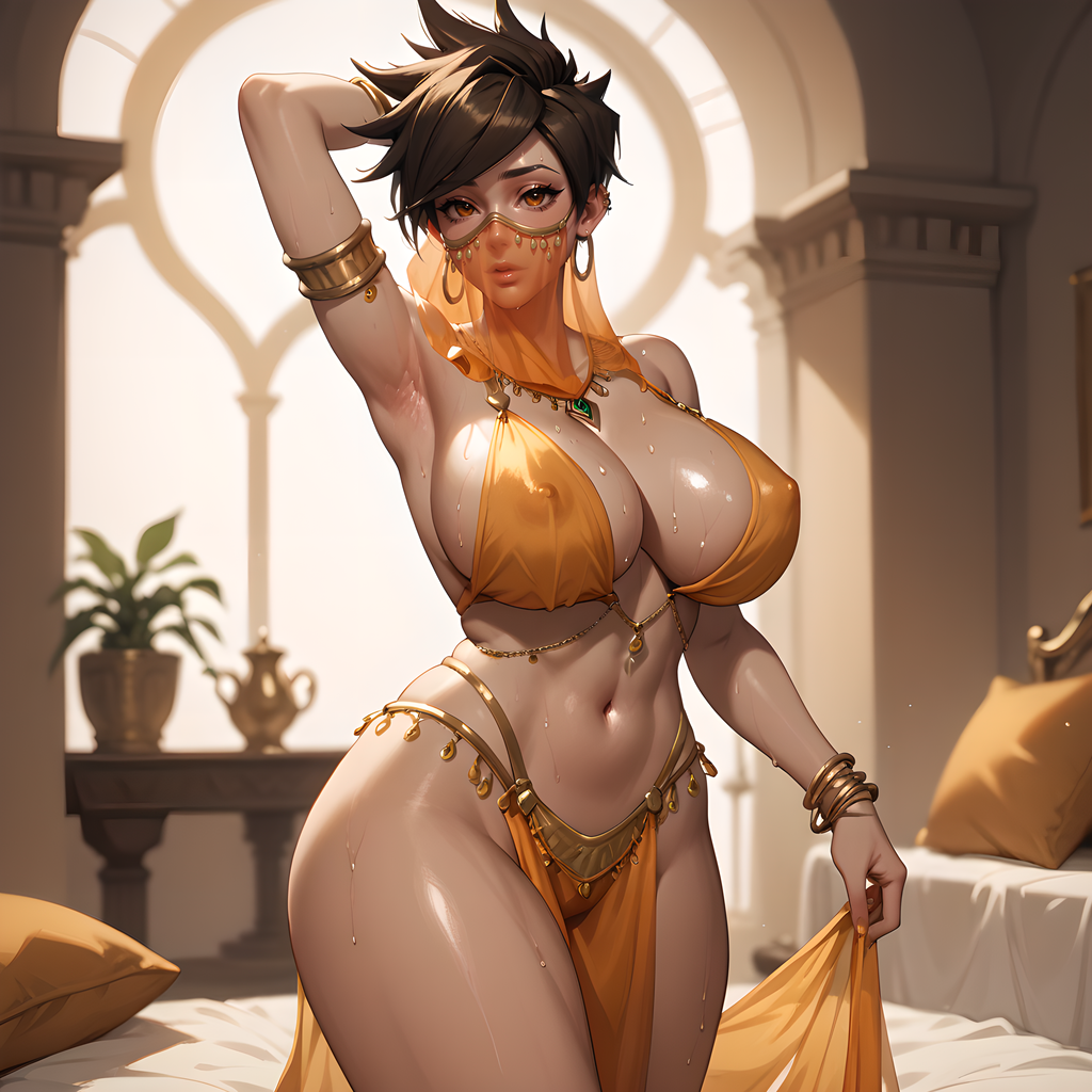 1girls ai_generated big_breasts blizzard_entertainment brown_hair dancer_outfit eogard_orc exotic_dancer face_veil gold_jewelry loincloth oiled oiled_skin orange_clothing orange_eyes overwatch overwatch_2 seductive self_upload shiny_skin stable_diffusion standing tracer veil