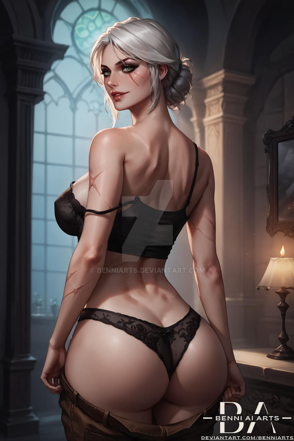 ai_generated ass benniarts bra breasts bubble_butt ciri female green_eyes light-skinned_female lingerie looking_at_viewer looking_back mascara nipples_visible_through_clothing panties presenting_ass scar solo the_witcher_(series) the_witcher_3:_wild_hunt transparent_clothing undressing white_hair