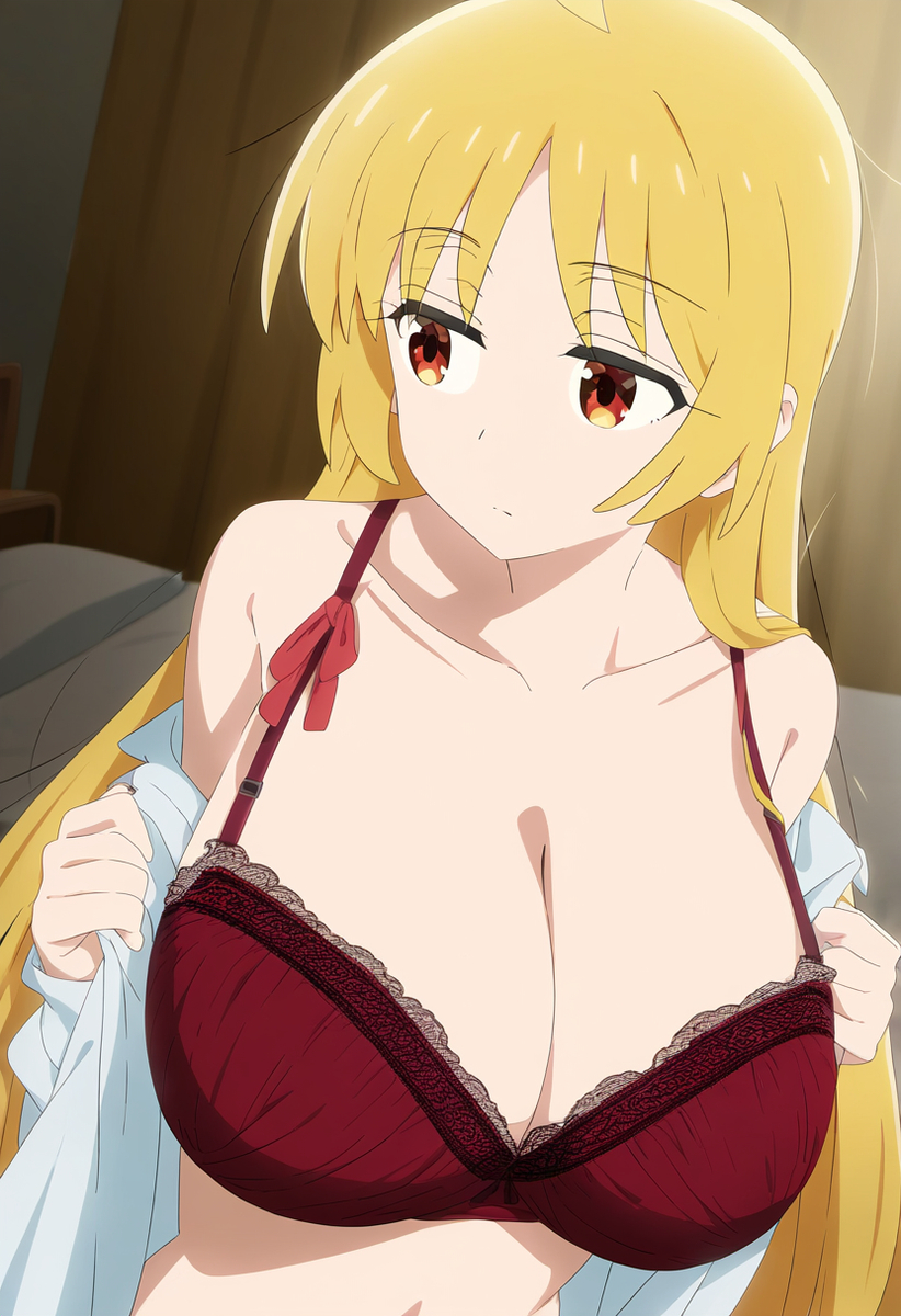 1girls ai_generated bedroom big_breasts blonde_hair bocchi_the_rock! bra breasts cleavage female ijichi_seika large_breasts long_hair open_clothes open_shirt red_bra red_eyes solo solo_female solo_focus undressing