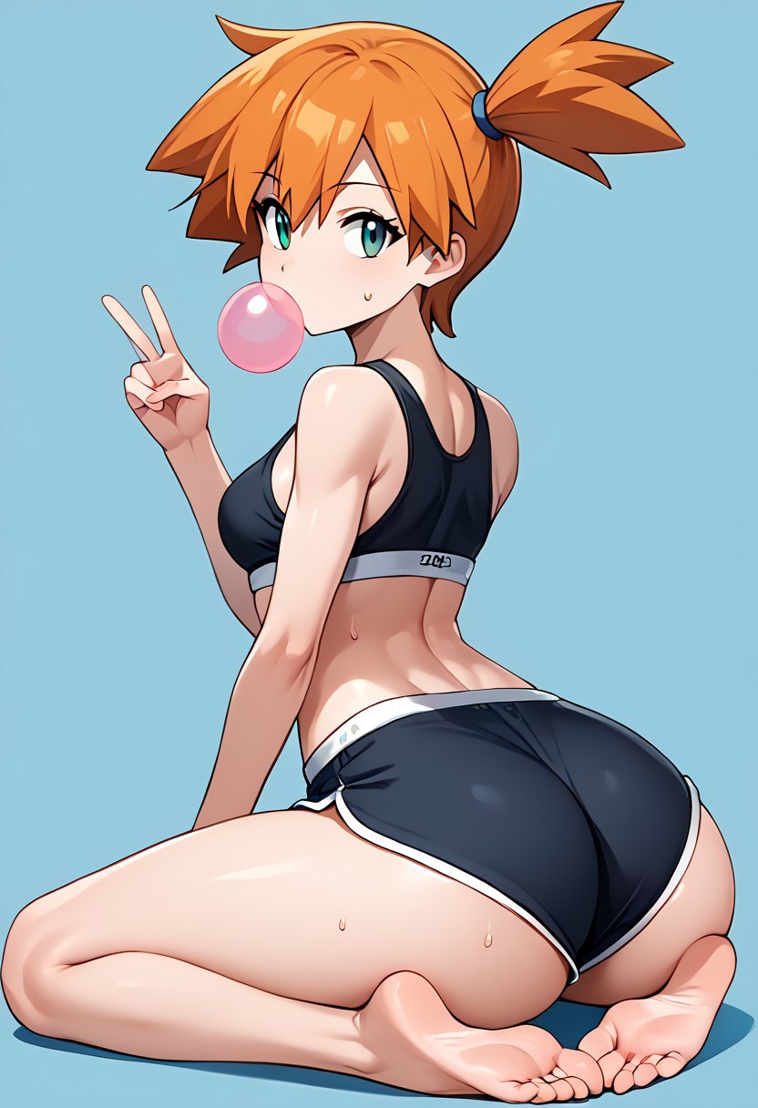 1girl 1girls 2020s 2024 ai_generated ass asymmetrical_hair back bangs bare_arms bare_legs bare_shoulders barefoot blue_background blush bra breasts bubble_blowing bubble_gum bubblegum butt_crack_outline chewing_gum clothing dolphin_shorts feet female female_only from_behind full_body green_eyes gym_leader heroine high_resolution kasumi_(pokemon) legs light-skinned_female light_skin looking_at_viewer looking_back medium_breasts misty_(pokemon) navel orange_hair peace_sign pokemon pokemon_character pokemon_rgby ponytail rear_view shiny shiny_hair shiny_skin short_hair short_shorts shorts side_ponytail side_slit simple_background sitting soles solo solo_female sports_bra sportswear strong_tomboy_(spectrum) sweat sweaty sweaty_female sweaty_tomboy tank_top teenage_girl teenager thick_thighs thighs tied_hair toes tomboy two_tone_bottomwear two_tone_topwear_(black&white) underwear