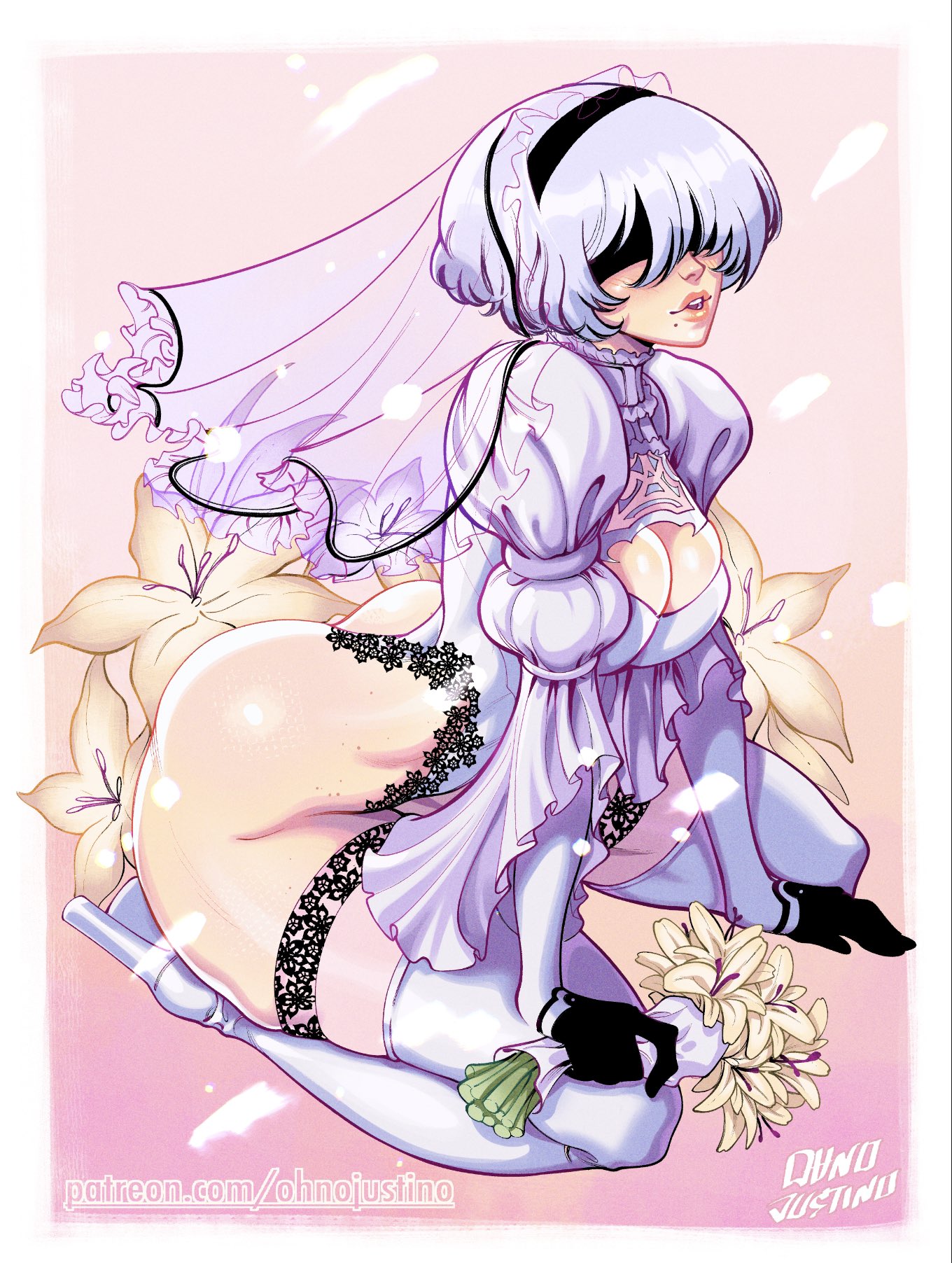 1girls, 2022, ass, blindfold, female, female only, full body, hairband, hi res, high heel boots, kneeling, medium hair, mole, mole under mouth, nier: automata, ohnojustino, solo, stockings, thick ass, thick thighs, veil, wedding dress, wedding veil, white hair, yorha 2b