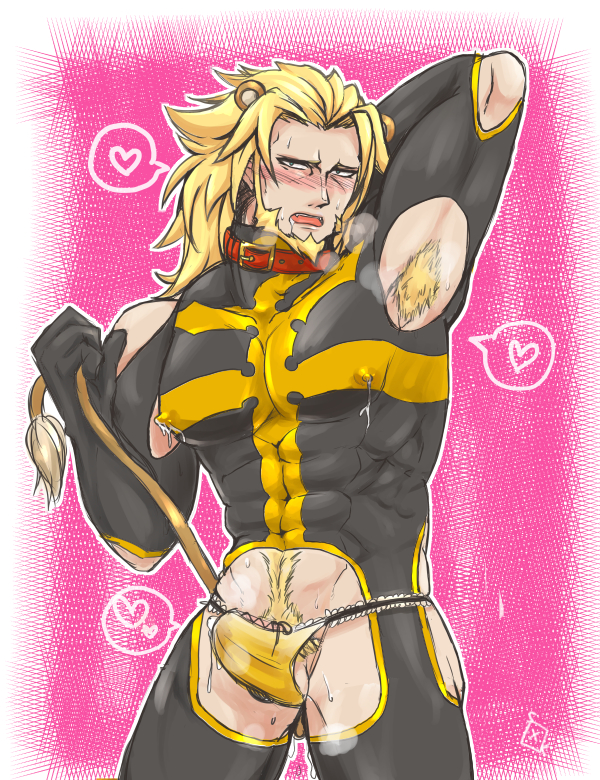 animal_ears arm_up armpit_hair armpits balls bara beard blonde_hair blush boner bulge collar erection erection_under_clothes facial_hair gay guilty_gear hk_nh3cooh lactation lactation_through_clothes leo_whitefang lingerie lion_ears lion_tail long_hair male male_lactation male_only muscles muscular penis solo solo_male steamy_breath tail