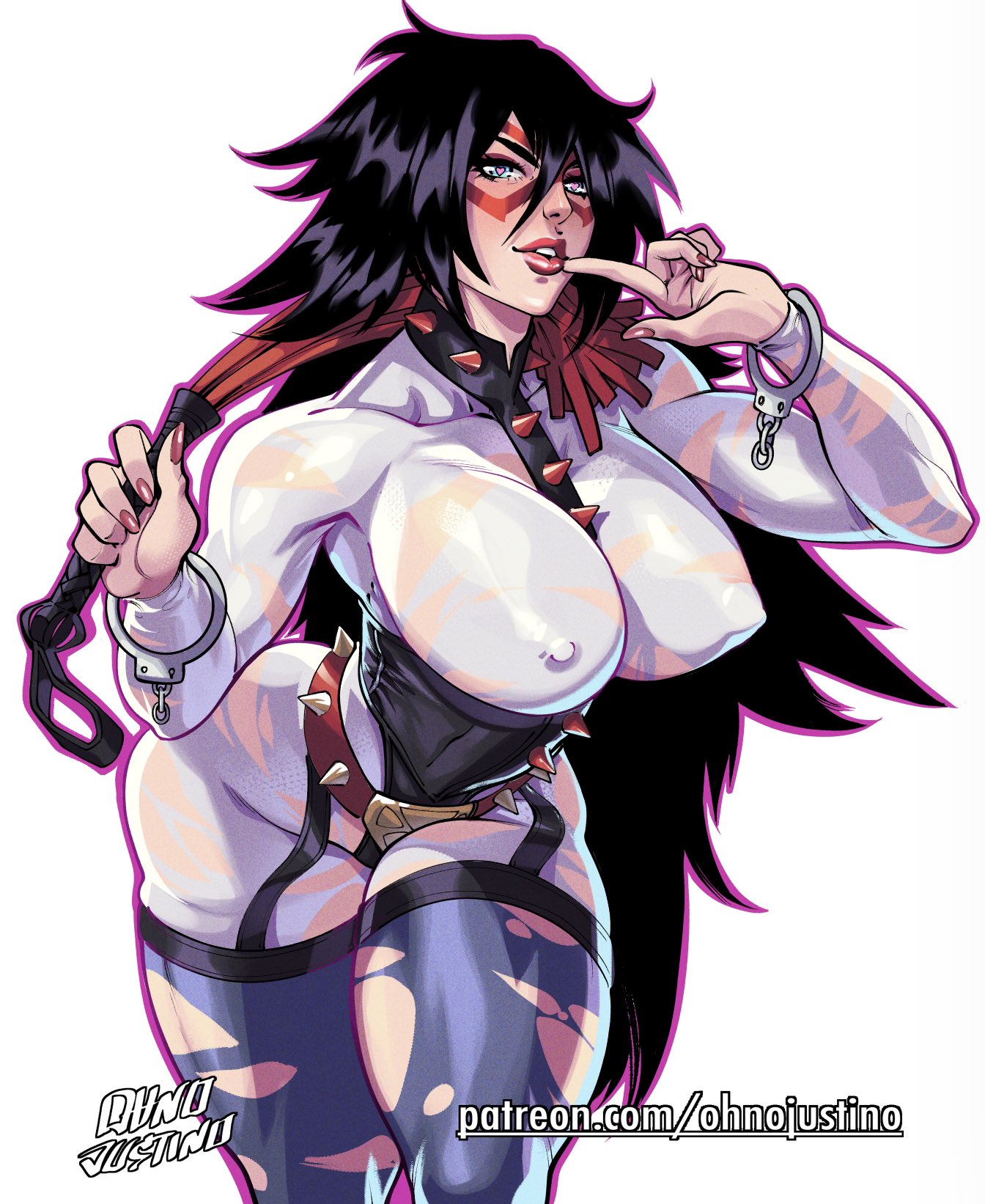 1girls, 2022, big breasts, black hair, blue eyes, bodysuit, breasts, cuff (restraint), erect nipples, erect nipples under clothes, female, female only, finger to mouth, heart-shaped pupils, hero outfit (mha), heroine, hi res, long hair, looking at viewer, mask, midnight (my hero academia), my hero academia, nemuri kayama, nipples, ohnojustino, red lipstick, solo, thick thighs, whip, white background