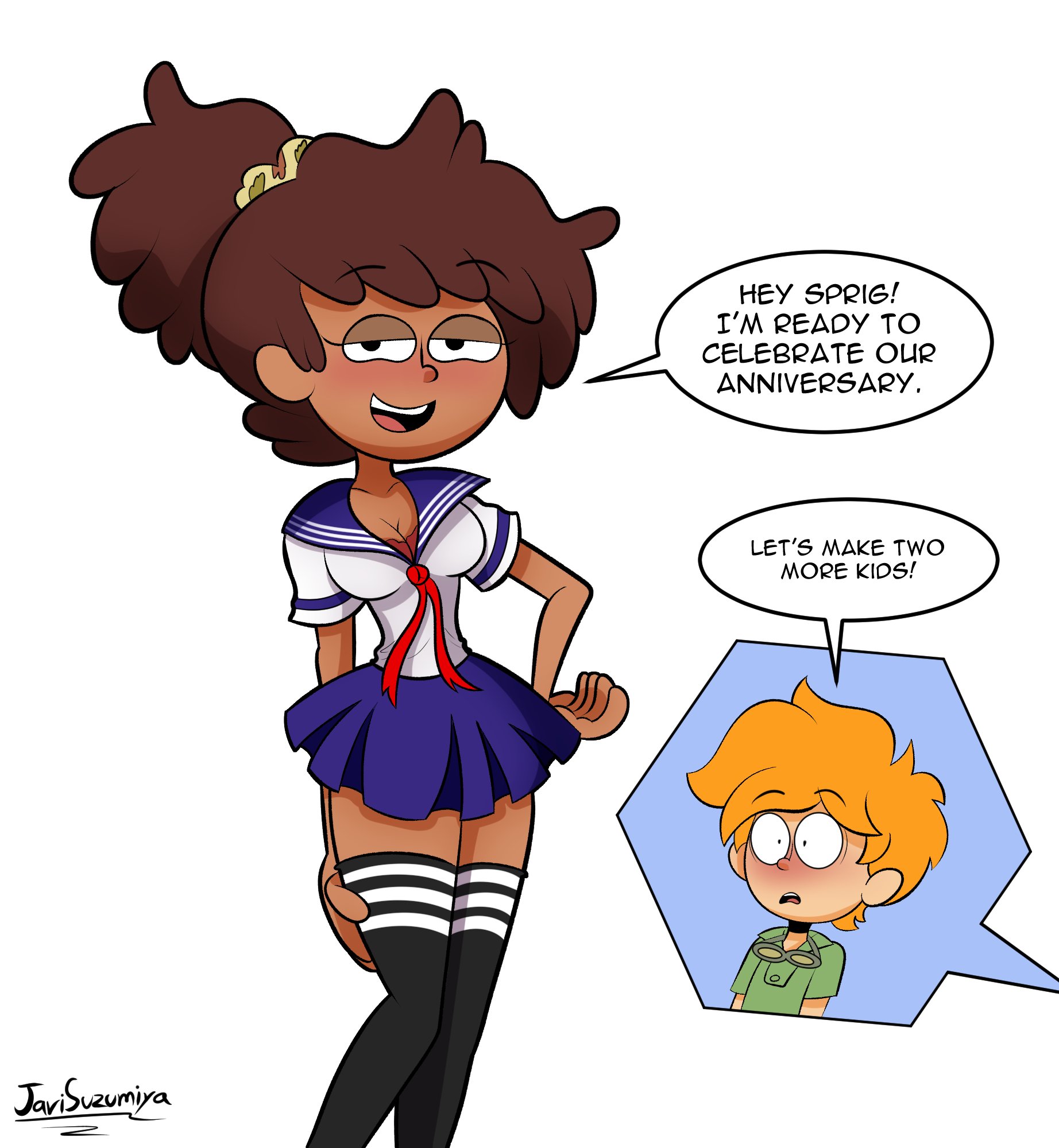 1boy, 1girls, amphibia, anne boonchuy, artist signature, dialogue, disney, disney channel, female, hourglass figure, human only, humanized, javisuzumiya, male, messy hair, ponytail, school uniform, sprig plantar, straight, straight hair, tagme, tear, teasing, text, text bubble, thai, thai female, thighhighs, twig (amphibia), white background