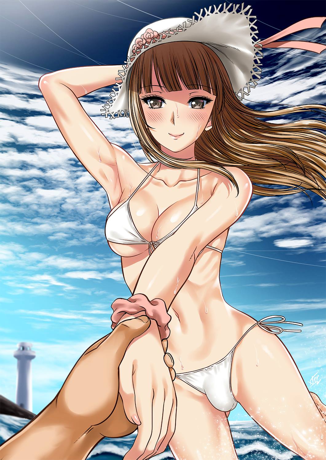 1futa bangs big_breasts bikini breasts brown_hair bulge clothed clothing flaccid futa_only futanari hat human light-skinned_futanari light_skin long_hair looking_at_viewer mostly_nude nut-chan original penis penis_in_swimsuit smile solo xtermination