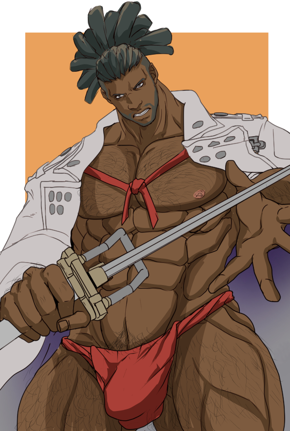 balls bara black_hair bulge dark-skinned_male dark_skin facial_hair fundoshi gay guilty_gear hairy male male_only muscles muscular nagoriyuki open_jacket penis solo solo_male sword tentenkingyo