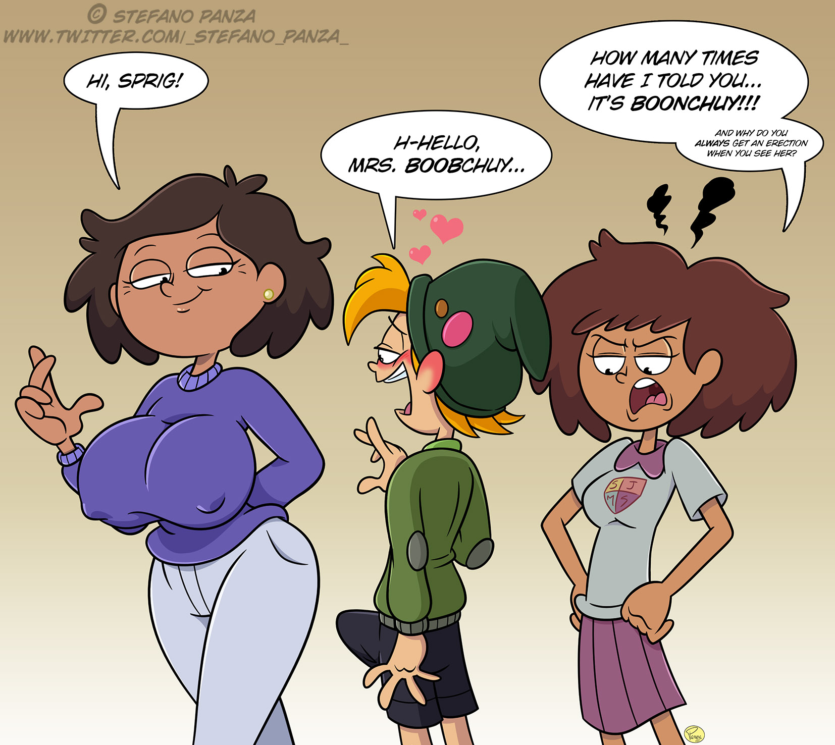 1boy, 2girls, age difference, amphibia, angry, anne boonchuy, big breasts, blush, breasts, brown hair, clothing, dark skin, dark-skinned female, dialogue, disney, disney channel, english text, erection, erection under clothes, female, hat, heart, human only, humanized, ilpanza, jealous, jealous female, large breasts, light skin, male, milf, mother, mother and daughter, mrs. boonchuy, older female, open mouth, orange hair, oum boonchuy, smile, speech bubble, sprig plantar, straight, straight hair, text, thai, thai female, twig (amphibia), younger male
