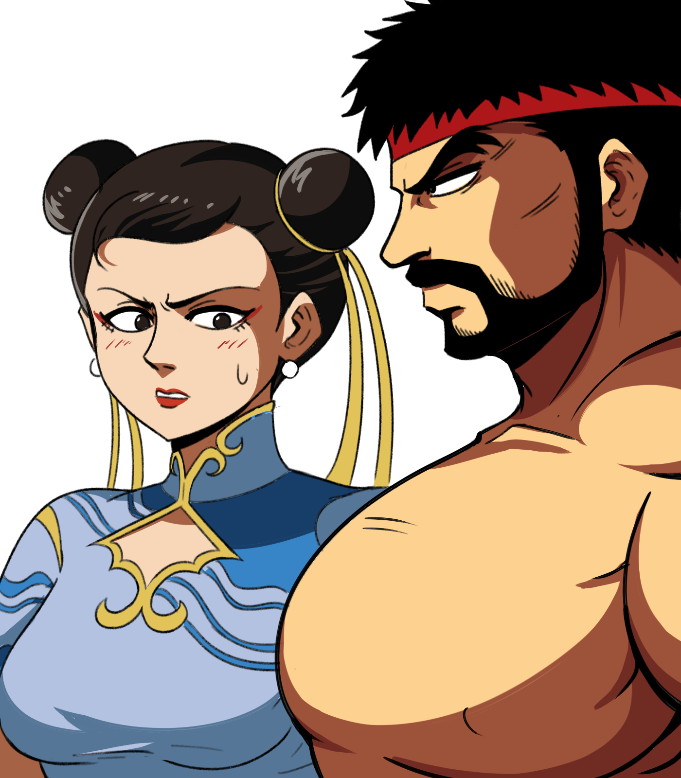 1boy, 1girls, big breasts, big pecs, breasts, capcom, chinese female, chun-li, female, girl staring at guy's chest, japanese male, male, meme, ryu (street fighter), street fighter, street fighter 6, tinafate1, topless