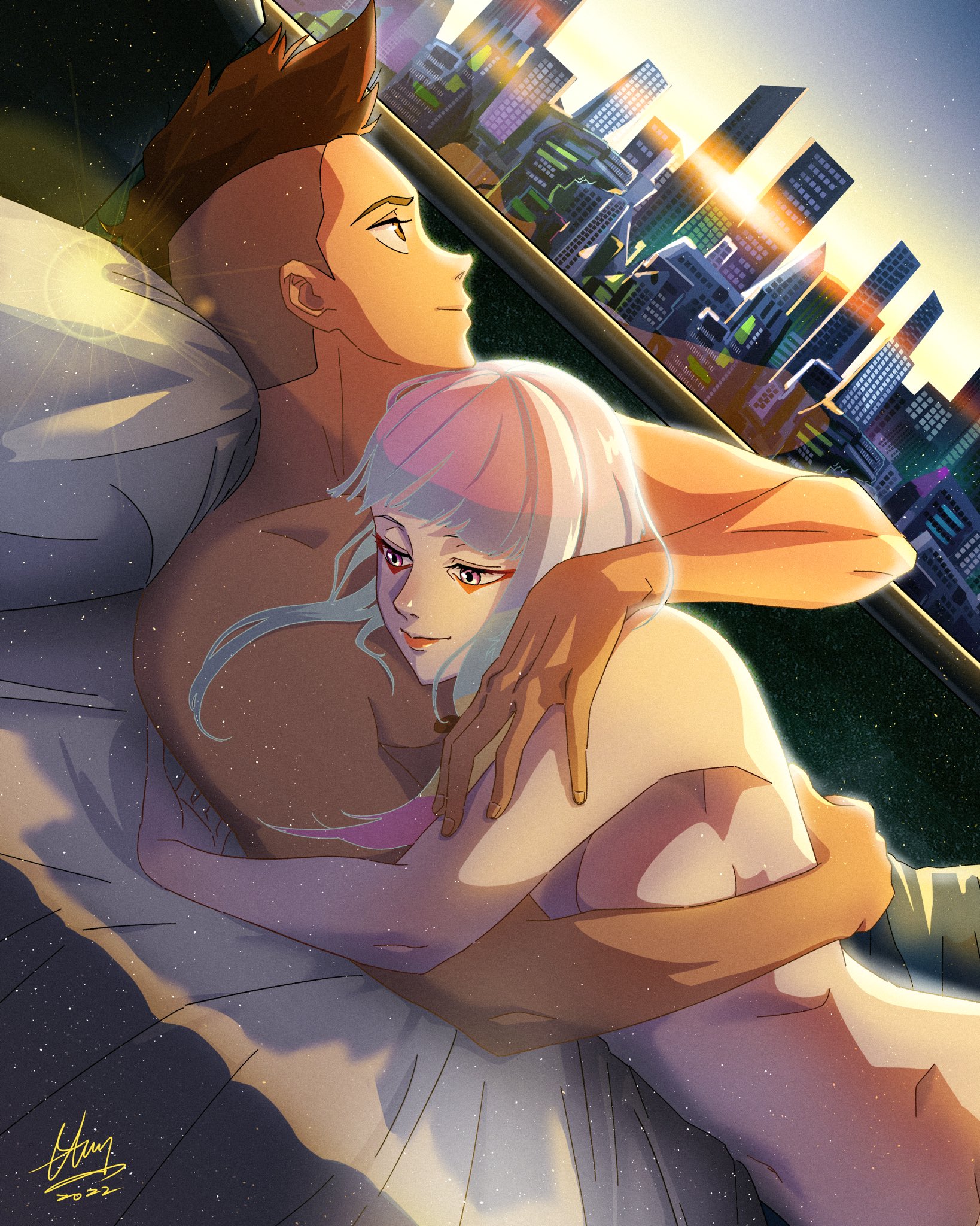1boy, 1girls, asian, asian female, bed, breasts, canon couple, cd projekt red, cuddling, cyberpunk 2077, cyberpunk: edgerunners, david martinez (edgerunners), female, female focus, harry batman draws, hugging, interracial, latino male, laying on back, laying on bed, lucyna kushinada, male, netflix, nude, nude female, sideboob, straight, studio trigger, wholesome