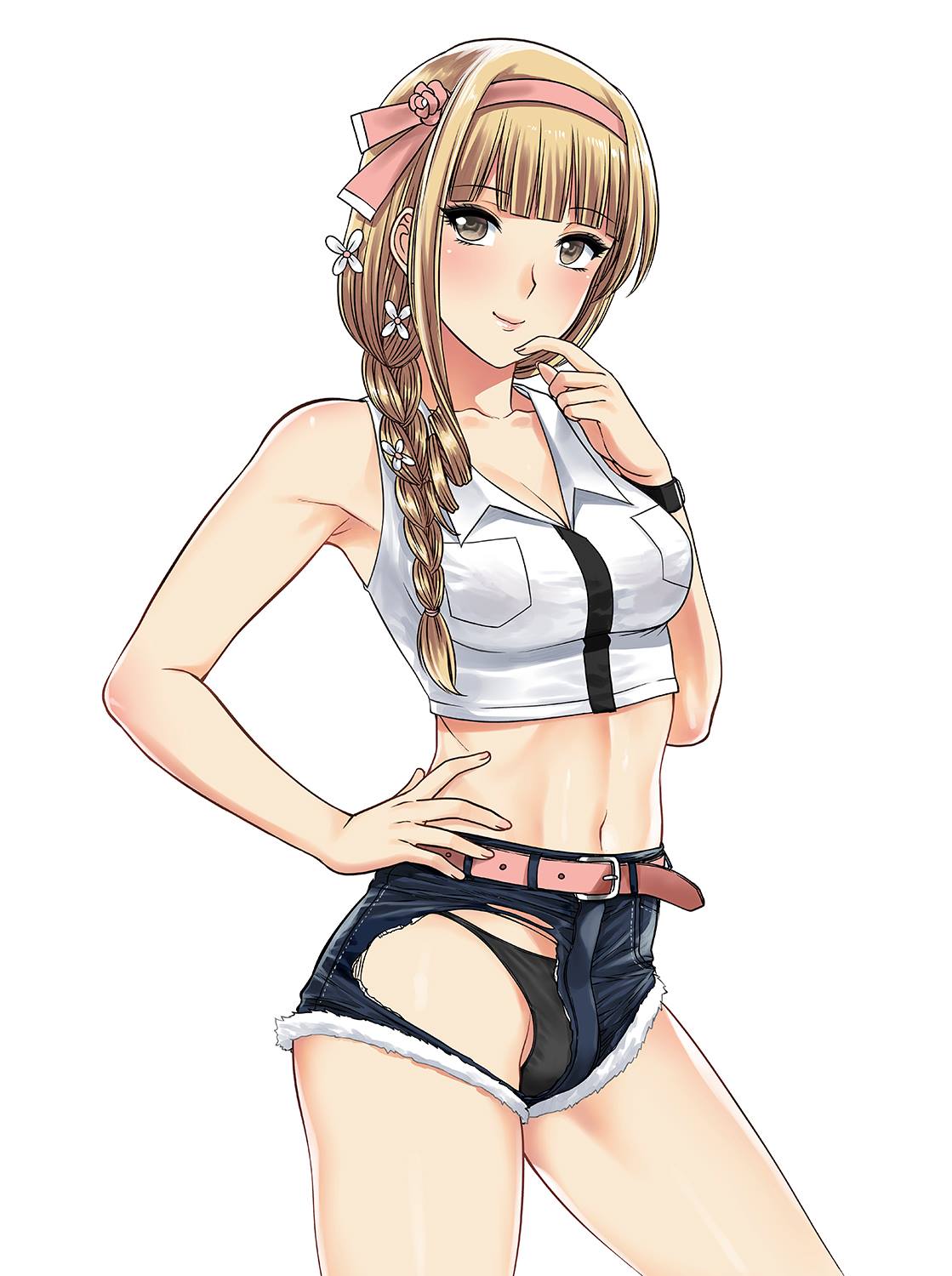 1futa bangs blonde_hair breasts bulge clothed clothing flaccid futa_only futanari human light-skinned_futanari light_skin long_hair midriff mostly_clothed nut-chan original penis penis_in_panties short_shorts smile solo standing xtermination