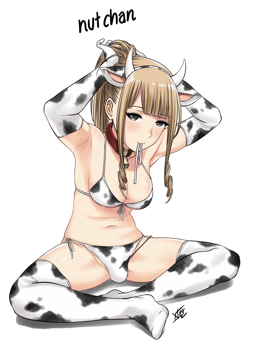 1futa bangs bikini blonde_hair breasts clothed clothing collar cow_print flaccid full_body futa_only futanari human light-skinned_futanari light_skin long_hair looking_at_viewer mostly_nude nut-chan original penis penis_in_panties sitting solo tying_hair xtermination