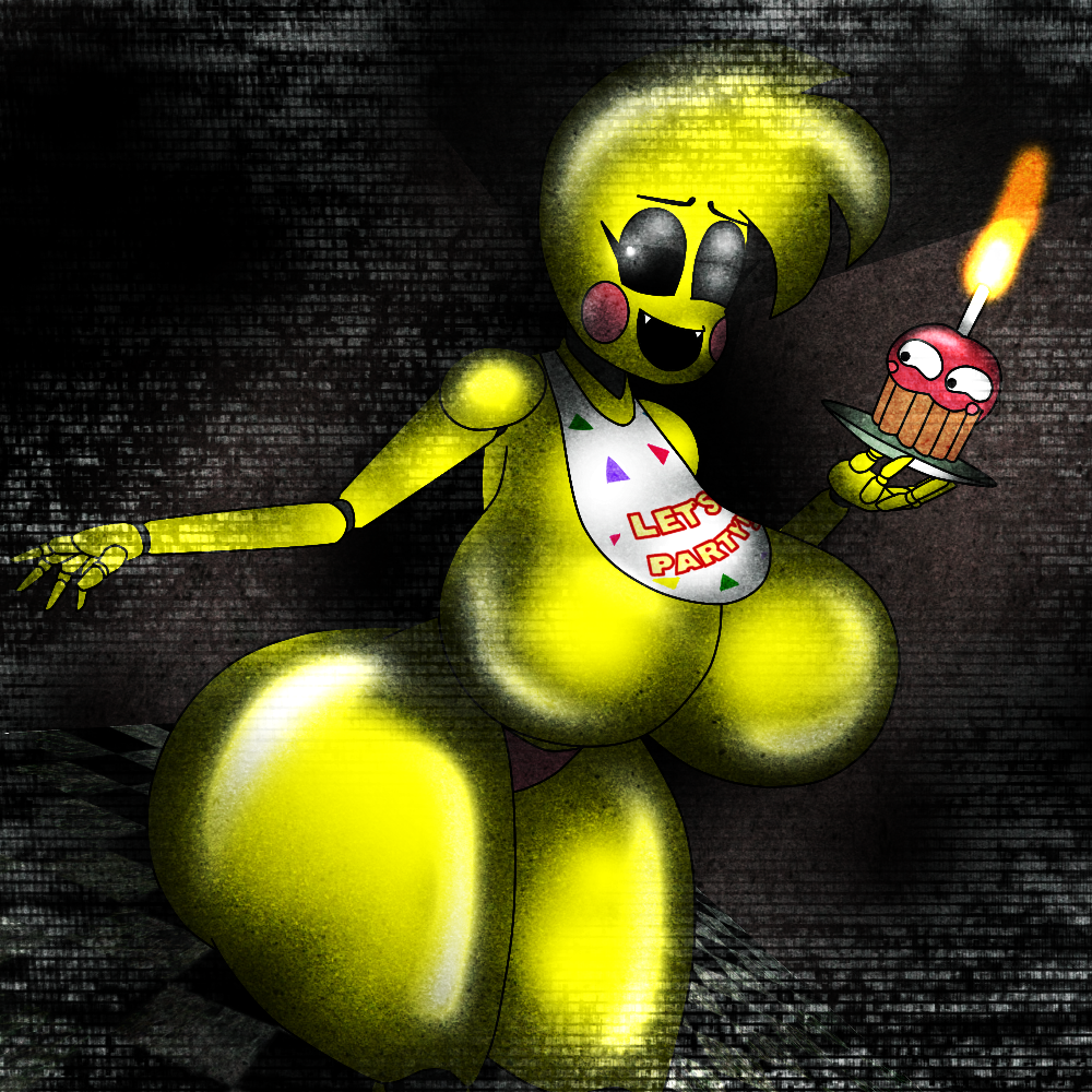 animatronic ass bib big_breasts big_thighs breasts cupcake_(fnaf) curvy_figure eyelashes fangs featureless_breasts female five_nights_at_freddy's holding_object huge_ass huge_breasts huge_thighs mrpr1993 no_nipples one_eye_closed pink_thong solo static tagme thick_thighs thighs thong thunder_thighs toy_chica_(fnaf) white_eyes yellow_body