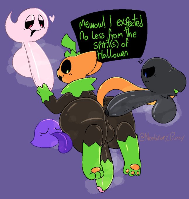 2d, 2d (artwork), 3boys, ambiguous gender, anal penetration, animate inanimate, ass, big ass, big butt, black body, elemental creature, felid, feline, felis, feral, flora fauna, food, food creature, ghost, green eyes, happy, heart, holidays, imminent sex, male, male only, mammal, markings, multicolored penis, multicolored tail, musk, nonbinary bunny, penile, penis, pumkat, pumpkin, pumpkin head, simple background, smile, solo male, text, tongue, tongue out