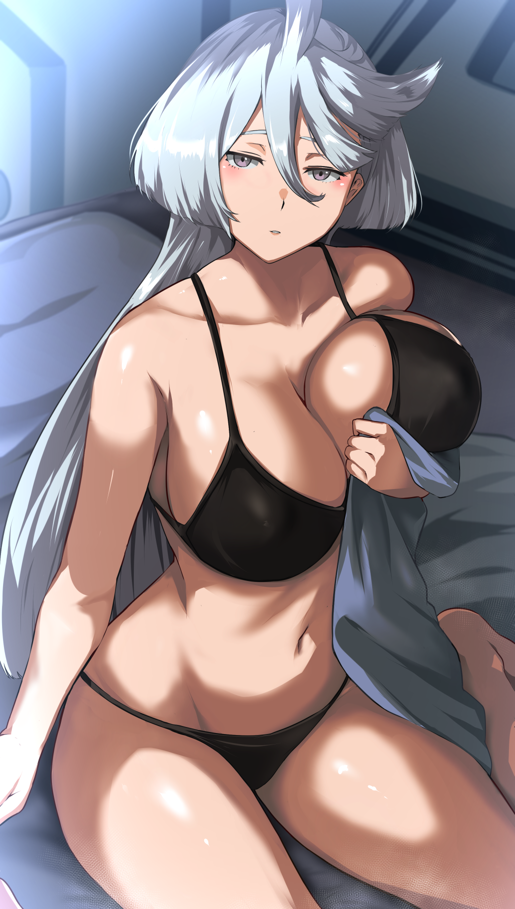 1girls, aged up, alternate breast size, bra, breasts, cafekun, female, gundam, gundam suisei no majo, huge breasts, lavender eyes, light skin, light-skinned female, long hair, looking at viewer, miorine rembran, panties, white hair