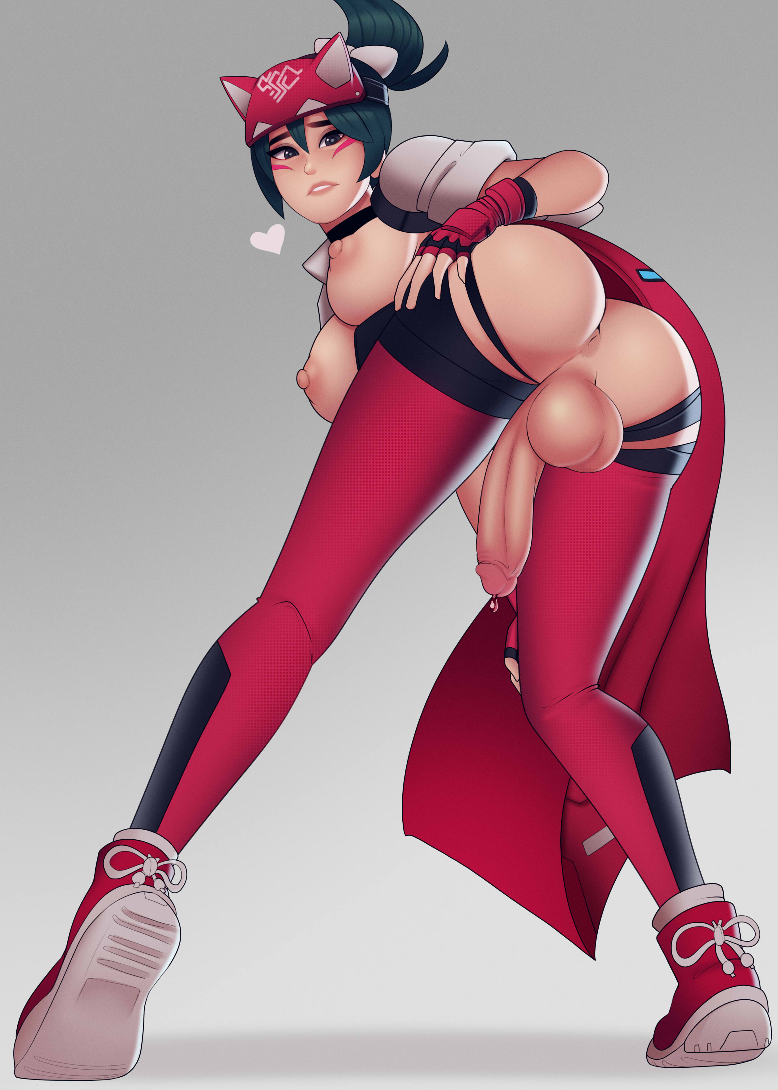 1futa, 2d, anus, areola, areolae, ass, ass focus, back, back view, balls, big ass, big balls, big breasts, big butt, big penis, blizzard entertainment, breasts, clothed, clothing, erection, fingerless gloves, futa only, futa sans pussy, futanari, gloves, grey background, human, intersex, kiriko (overwatch), light skin, light-skinned futa, looking at viewer, looking back, mostly nude, nipples, overwatch, overwatch 2, penis, postblue98, presenting, shoes, simple background, solo, solo futa, standing
