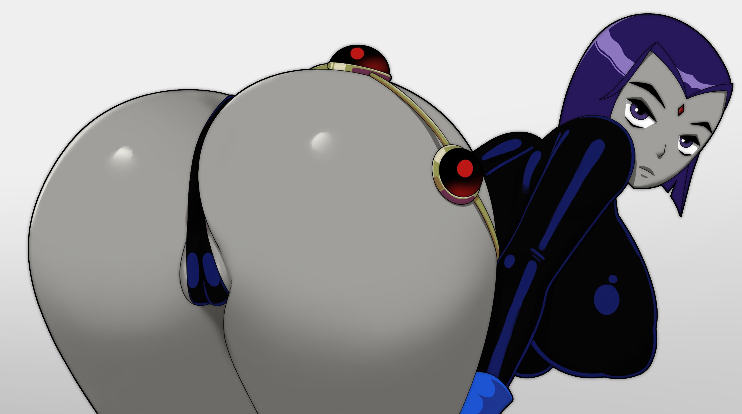 1girls, ass, ass focus, big ass, big breasts, big butt, breasts, cameltoe, clothed, clothing, coldarsenal, dc, dc comics, female, female only, forehead jewel, green skin, grey body, large ass, large breasts, leotard, looking at viewer, looking back, nipple bulge, presenting, purple eyes, purple hair, pussy, rachel roth, raven (dc), short hair, simple background, solo, solo female, teen titans, voluptuous, white background, wide hips