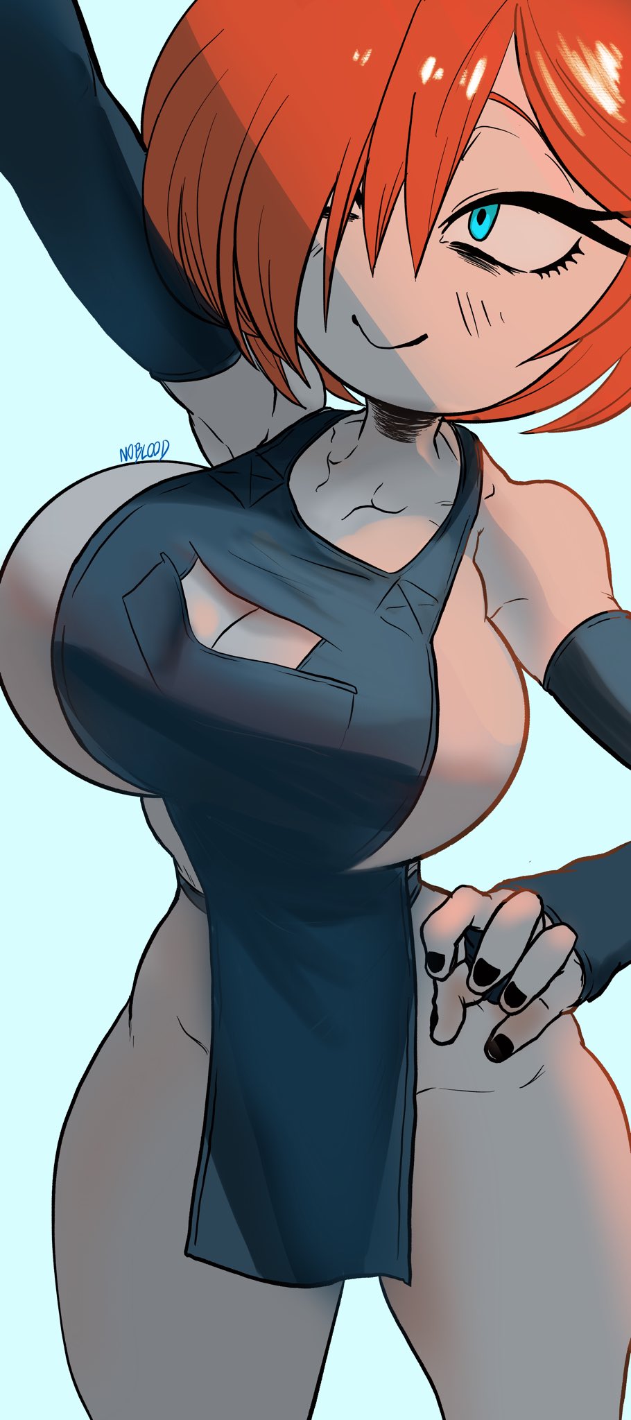 2020, adelaide (noblood), apron, blue background, blue eyes, breasts, cleavage, female, female focus, female only, huge breasts, nipples, noblood, orange hair, original, original character, thick thighs
