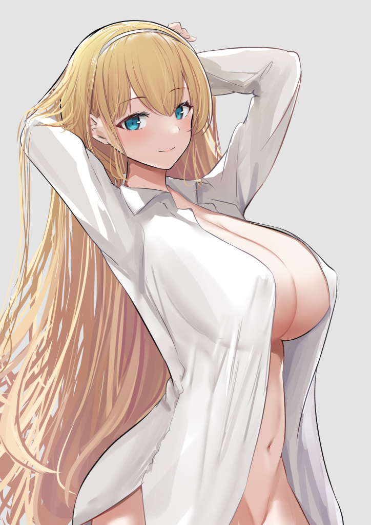 1girls, armpits, azur lane, big breasts, blonde hair, blue eyes, blush, breasts, clothed, clothing, eagle union (azur lane), eyebrows visible through hair, female, female only, hairband, hands behind head, light skin, light-skinned female, long hair, looking at viewer, navel, nipples visible through clothing, north carolina (azur lane), open shirt, pale skin, pale-skinned female, pose, posing, schreibe shura, solo, white shirt