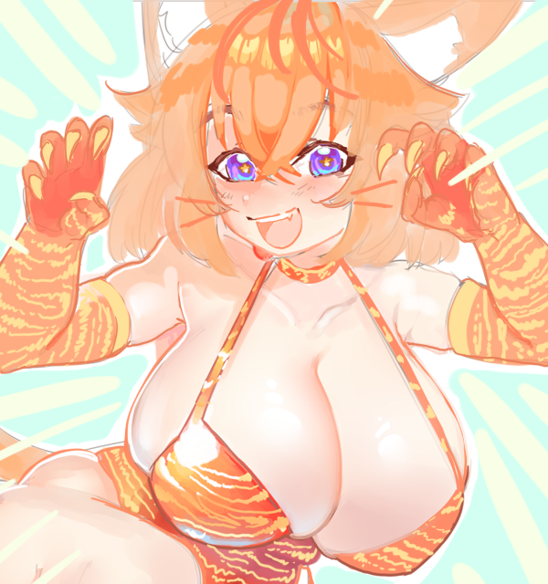 1girls animal_ears blush cat_ears cat_tail claws clothed clothing enormous_breasts female female_only gloves light-skinned_female light_skin monster_girl oerba_yun_fang open_mouth production_kawaii sava_safari_(artist) sava_safari_(vtuber) solo star-shaped_pupils symbol-shaped_pupils tail virtual_youtuber