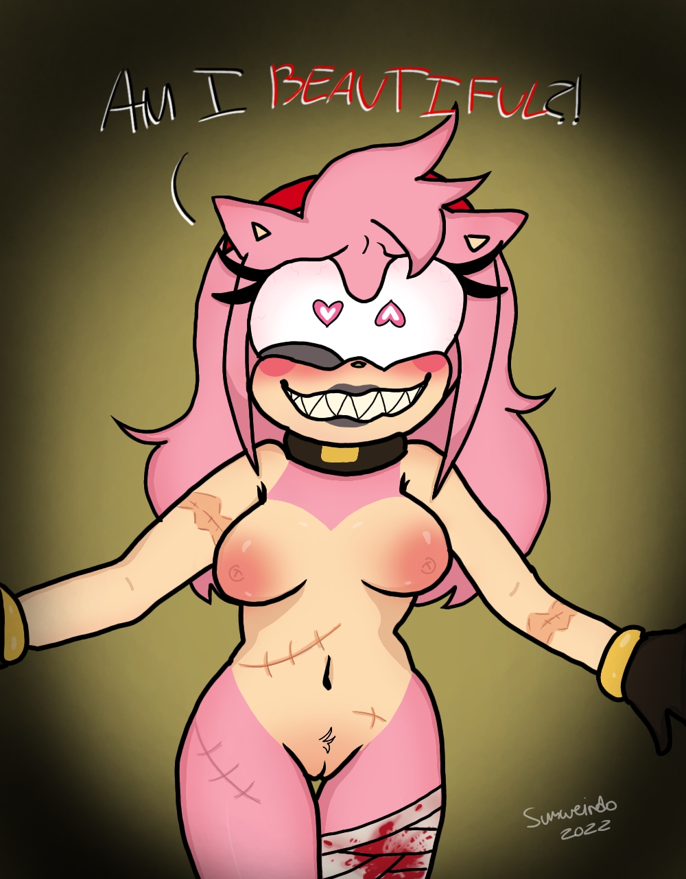 amy_rose bandages blood_stain blush crazy_eyes crazy_smile eulipotyphlan female_only furry furry_female heart-shaped_pupils hedgehog lovesick_amy mammal mashed medium_breasts pussy scars sonic_(series) stitches sumweirdo surgery_scars