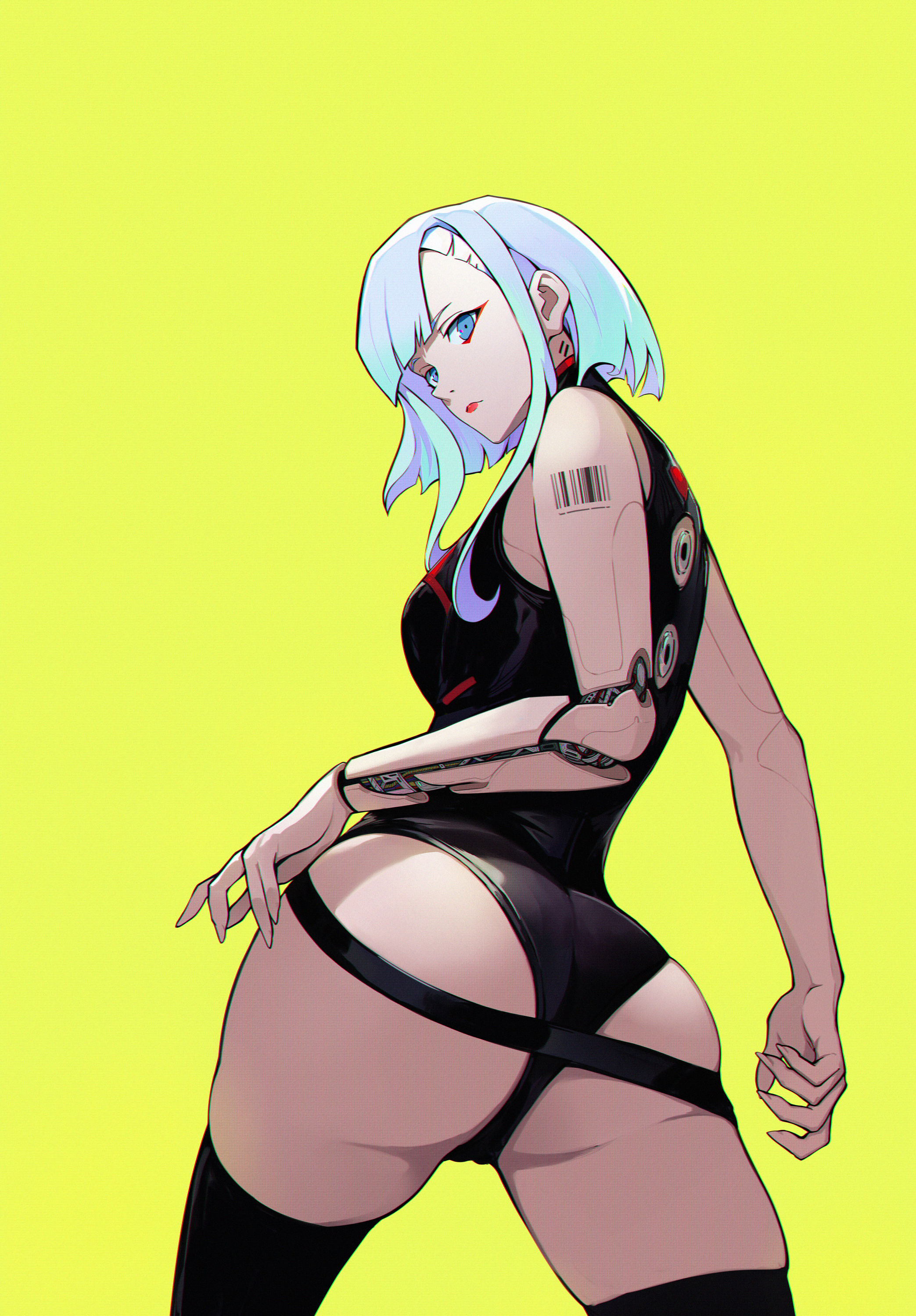1girls, ass, ass focus, big ass, black cat (artist), cd projekt red, cyberpunk 2077, cyberpunk: edgerunners, female, female only, leotard, light skin, light-skinned female, looking at viewer, looking back, low-angle view, lucyna kushinada, netflix, studio trigger