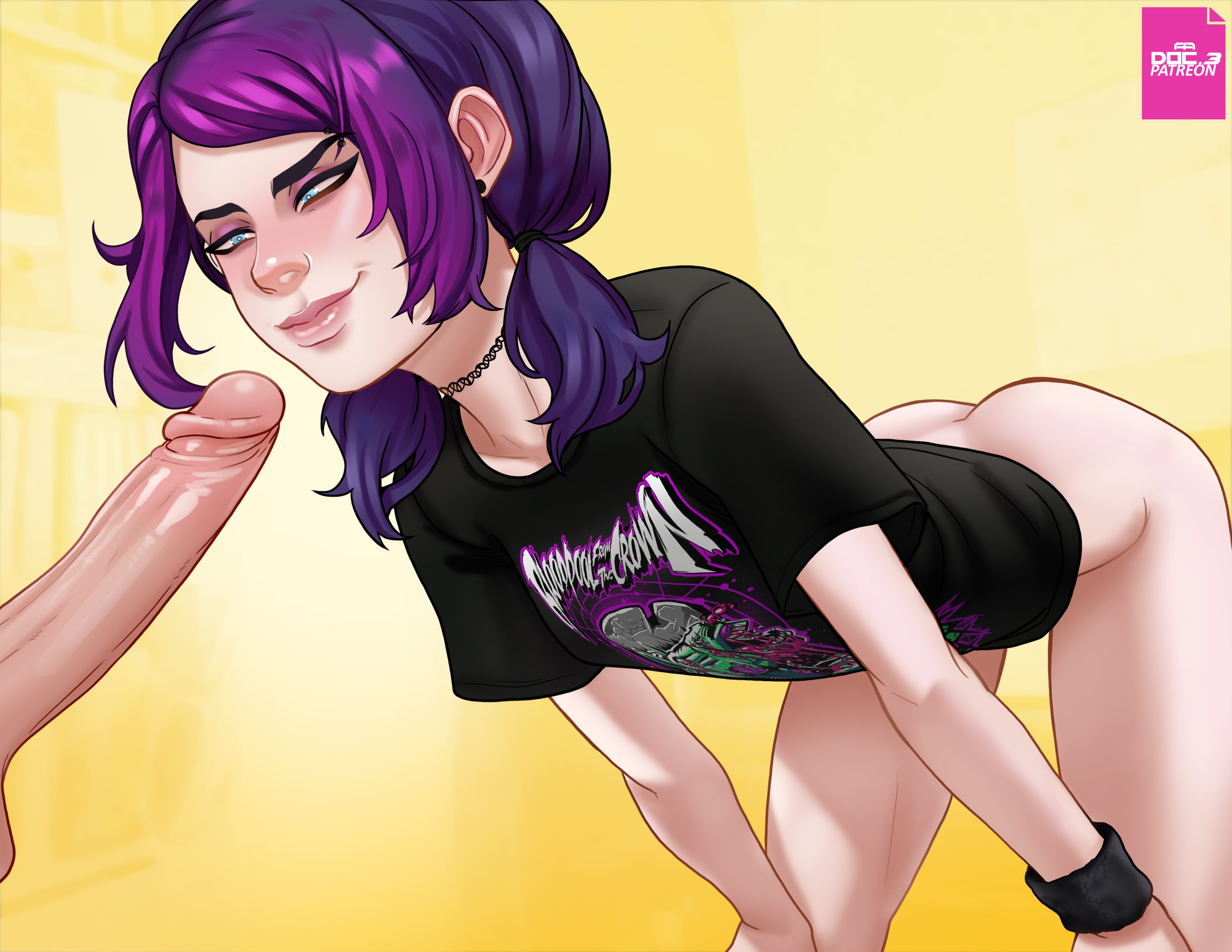 1boy, 1boy1girl, 1girl, 1girl1boy, absurd res, andava, andavaverse, aqua eyes, bent over, bottomless, erect penis, female, imminent fellatio, long hair, looking at penis, male, narrowed eyes, partial male, pelo, penis, pink hair, purple hair, smiling, staring at penis, t-shirt, t-shirt only, two-tone hair