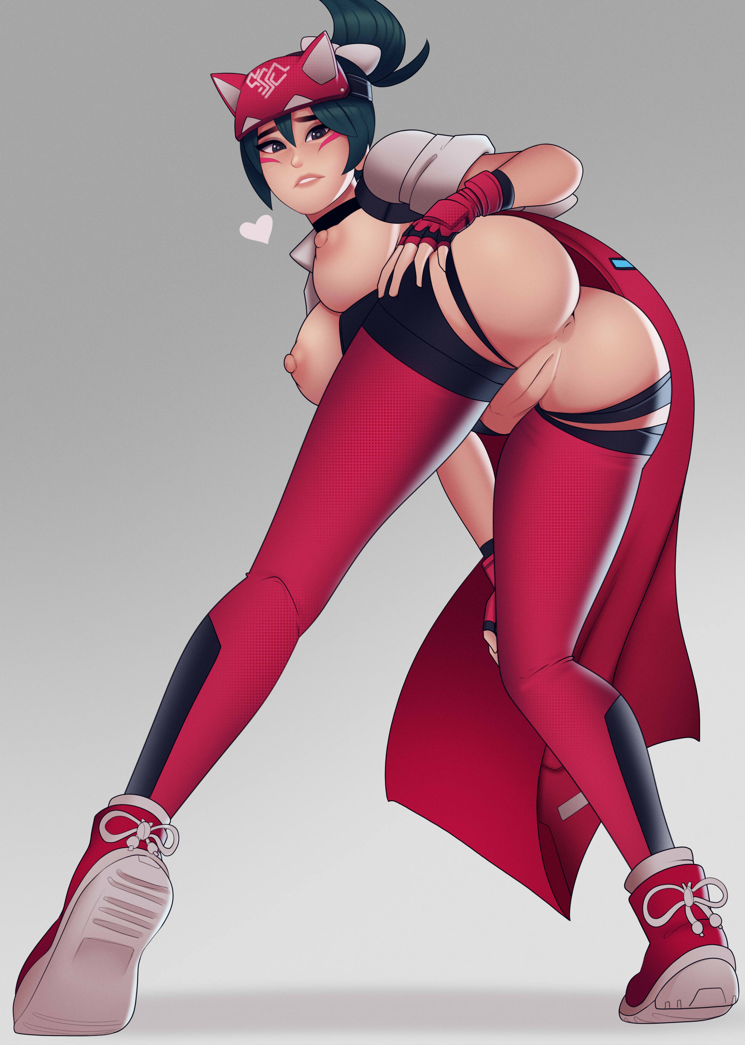1girls, 2d, anus, areola, areolae, ass, ass focus, big ass, big breasts, big butt, blizzard entertainment, breasts, clothed, clothing, drawn, female, female only, fingerless gloves, gloves, grey background, kiriko (overwatch), looking at viewer, looking back, nipples, overwatch, overwatch 2, postblue98, presenting, pussy, shoes, simple background, solo, solo female